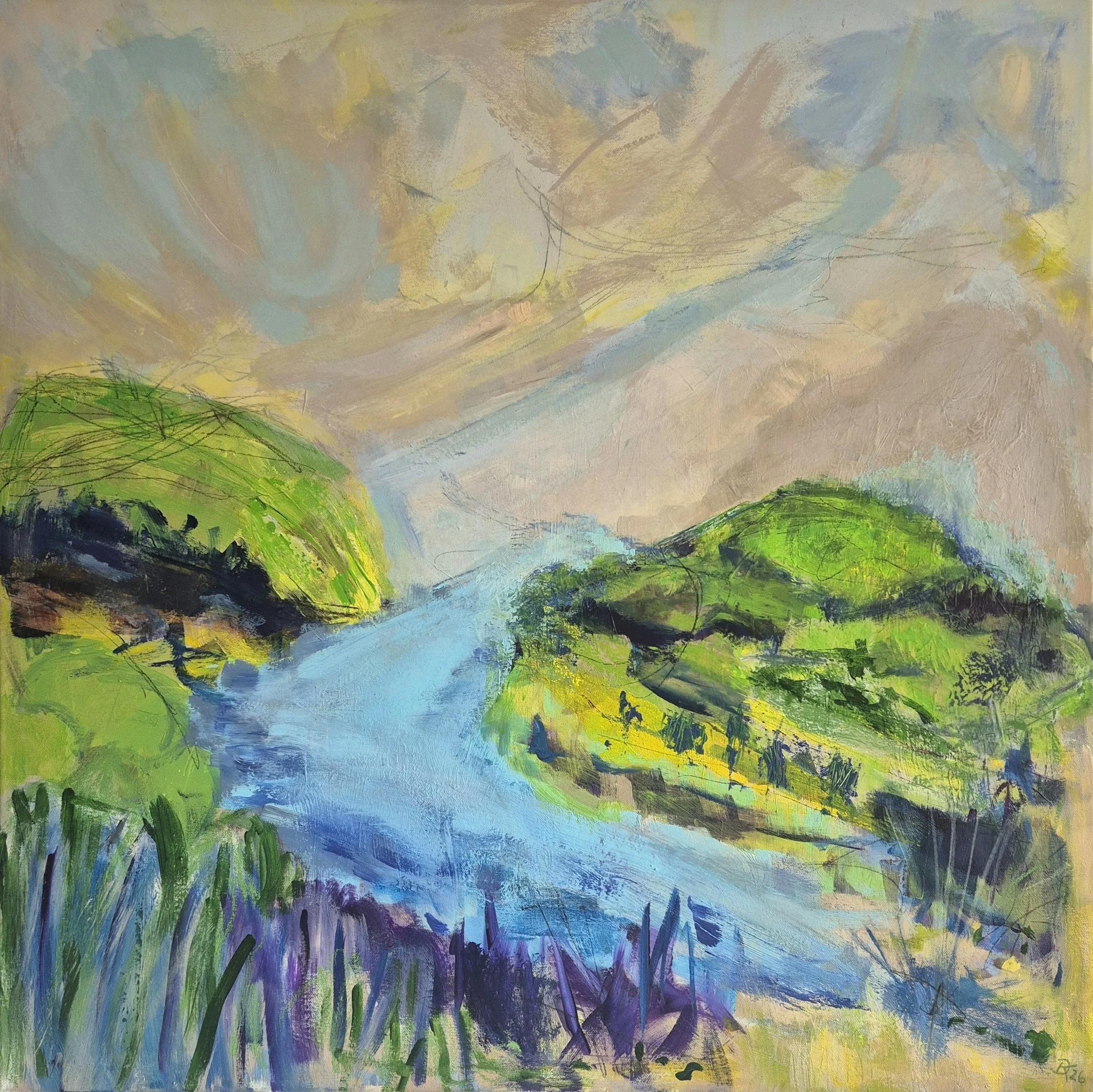 Abstract landscape painting with blue water flowing between green forms beneath a soft, layered sky.