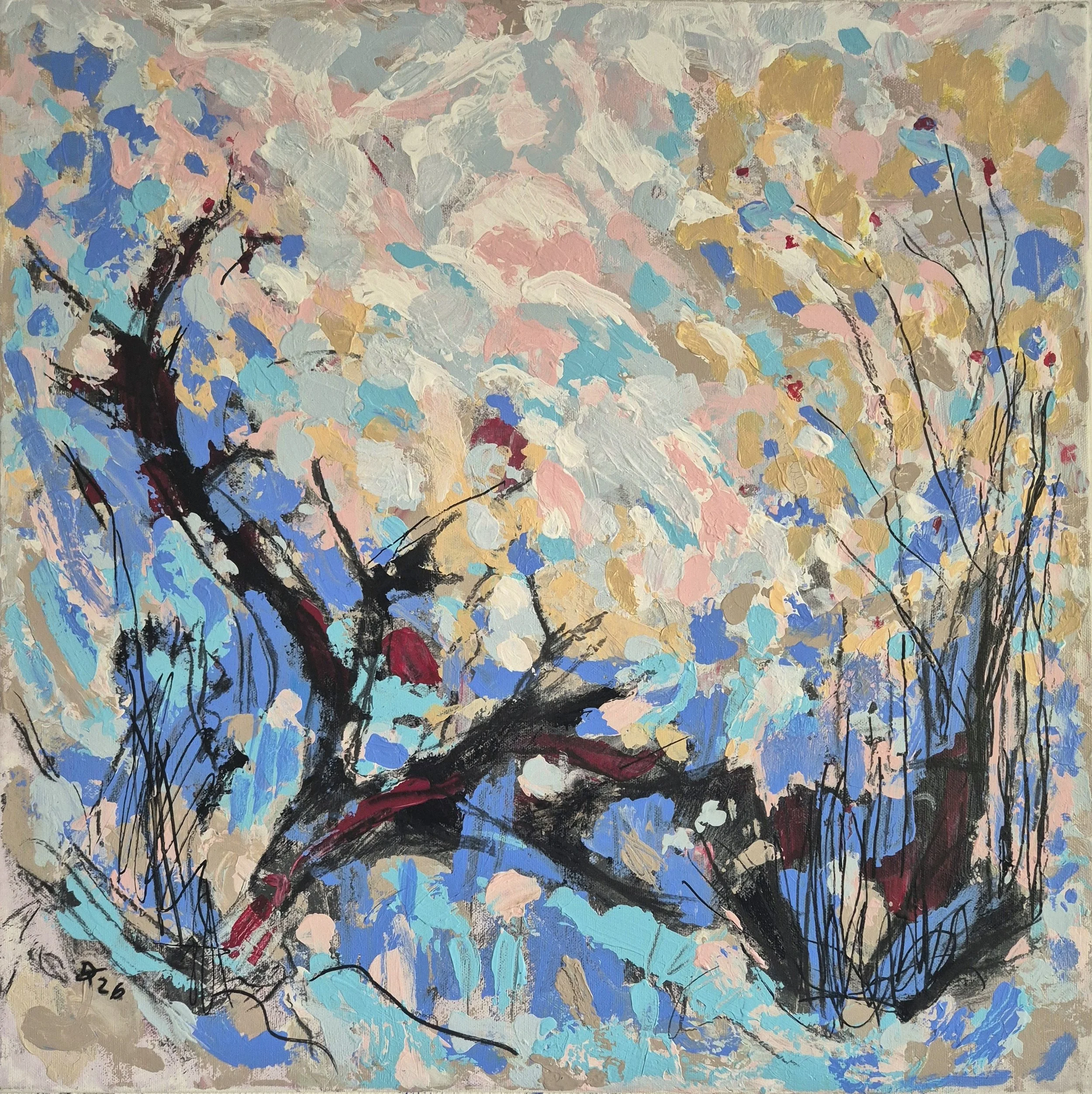 Abstract painting with dark branching forms resembling a tree or river structure, layered over soft pastel and blue tones, with expressive charcoal lines and textured acrylic marks.