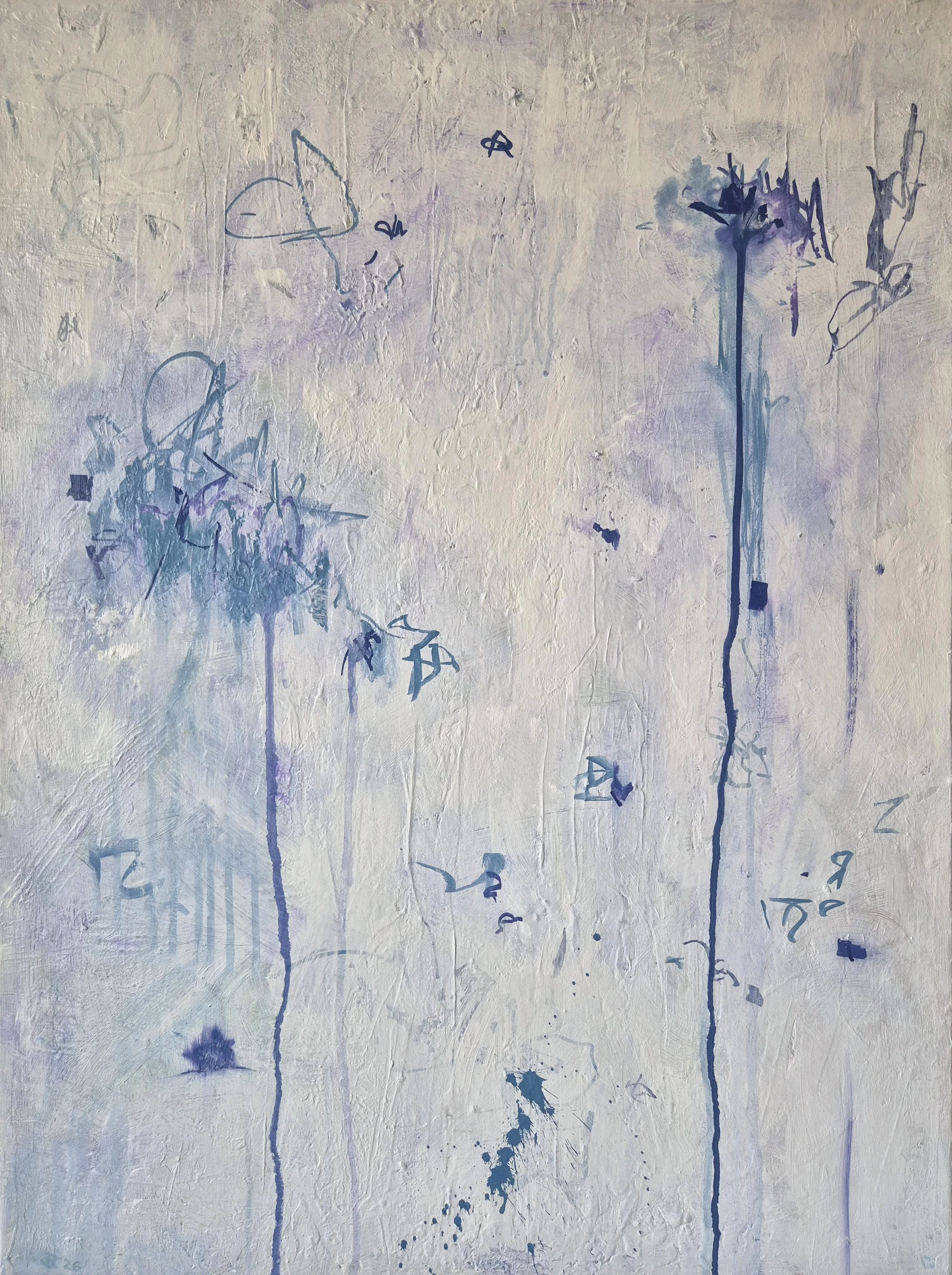 Blue Sunday, abstract painting by Daniela Knobel, 2026, acrylic on canvas with blue vertical marks on a textured light surface