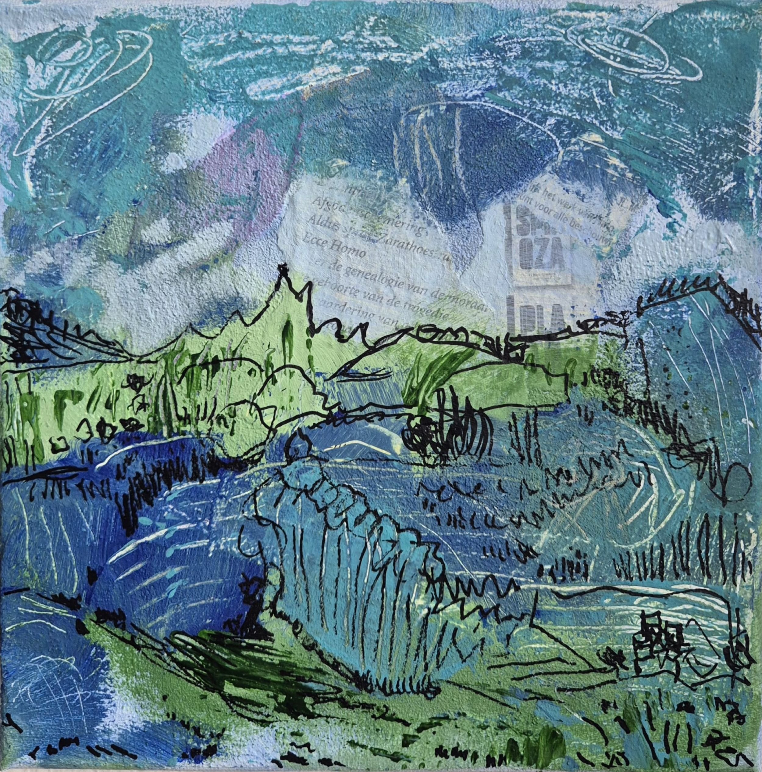 Frontal view of the mixed media landscape painting Landscape Study in Blue (2025) by Daniela Knobel, combining layered blue and green tones, drawn black lines, and textured surfaces.