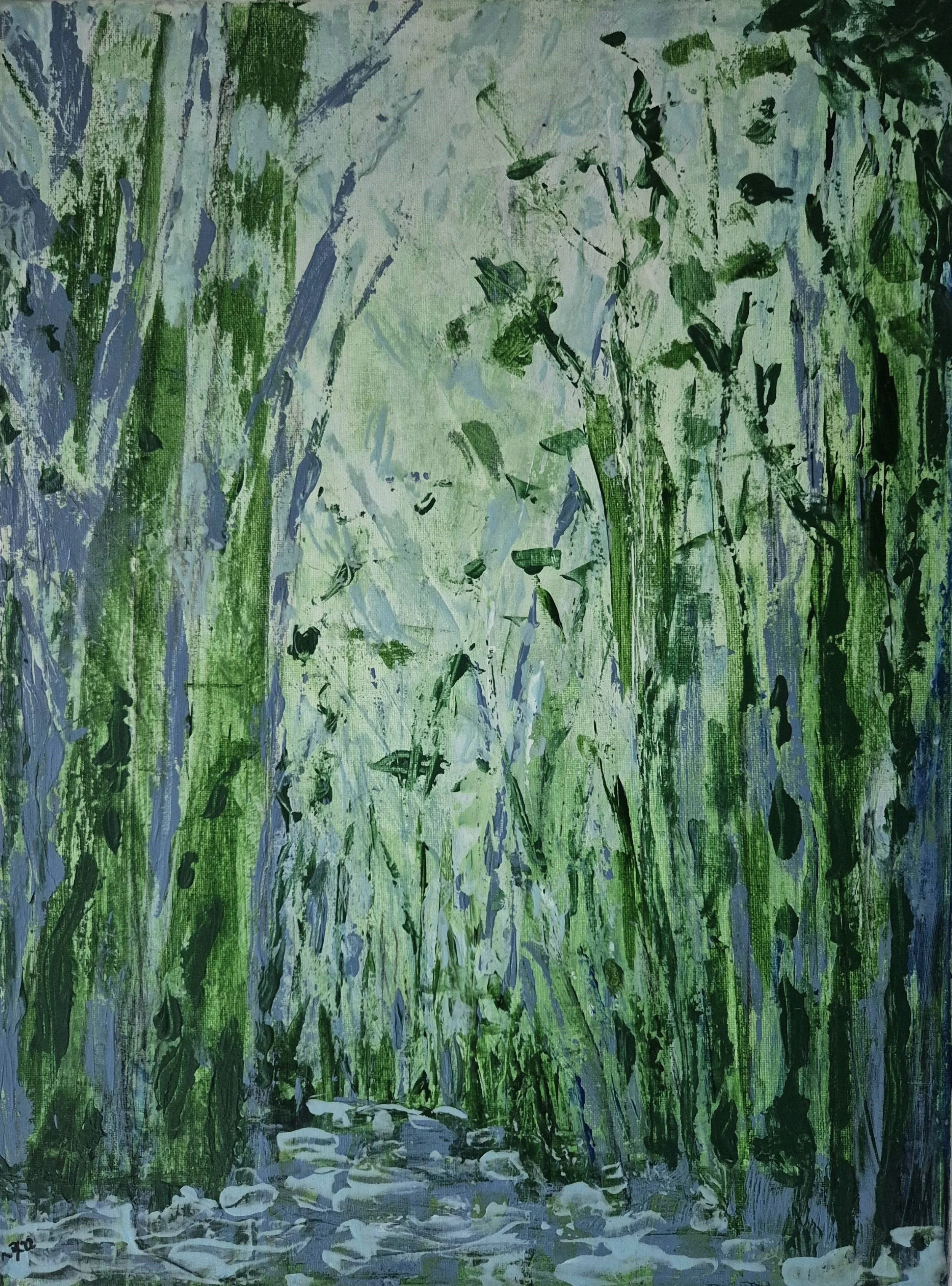 Abstract painting dominated by green and muted blue tones, with vertical brushwork and layered textures suggesting a quiet, immersive landscape.