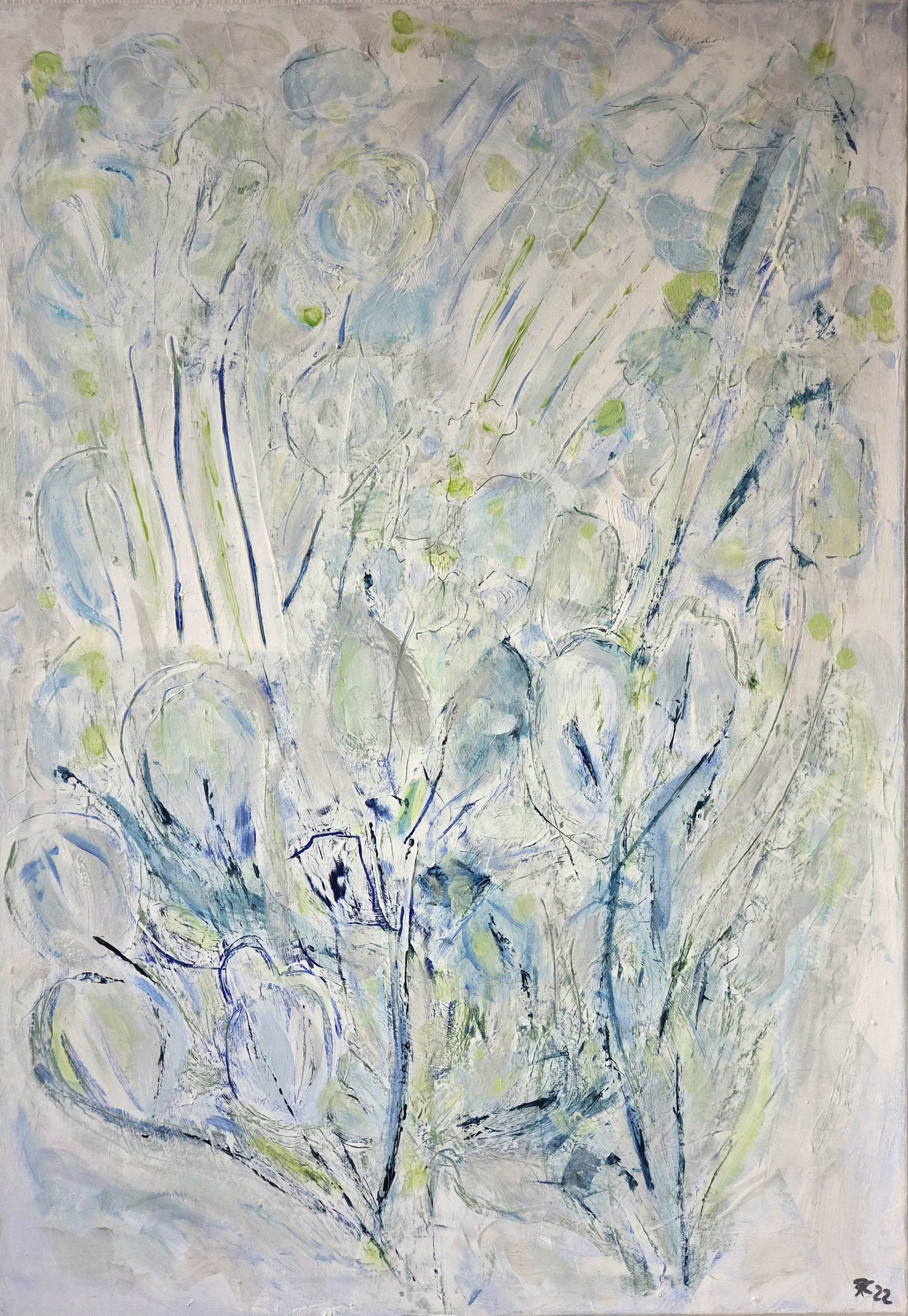 Frontal view of the abstract painting Floral Spring Impression (2022) by Daniela Knobel, featuring soft blue and green floral forms in layered brushstrokes on a light background.