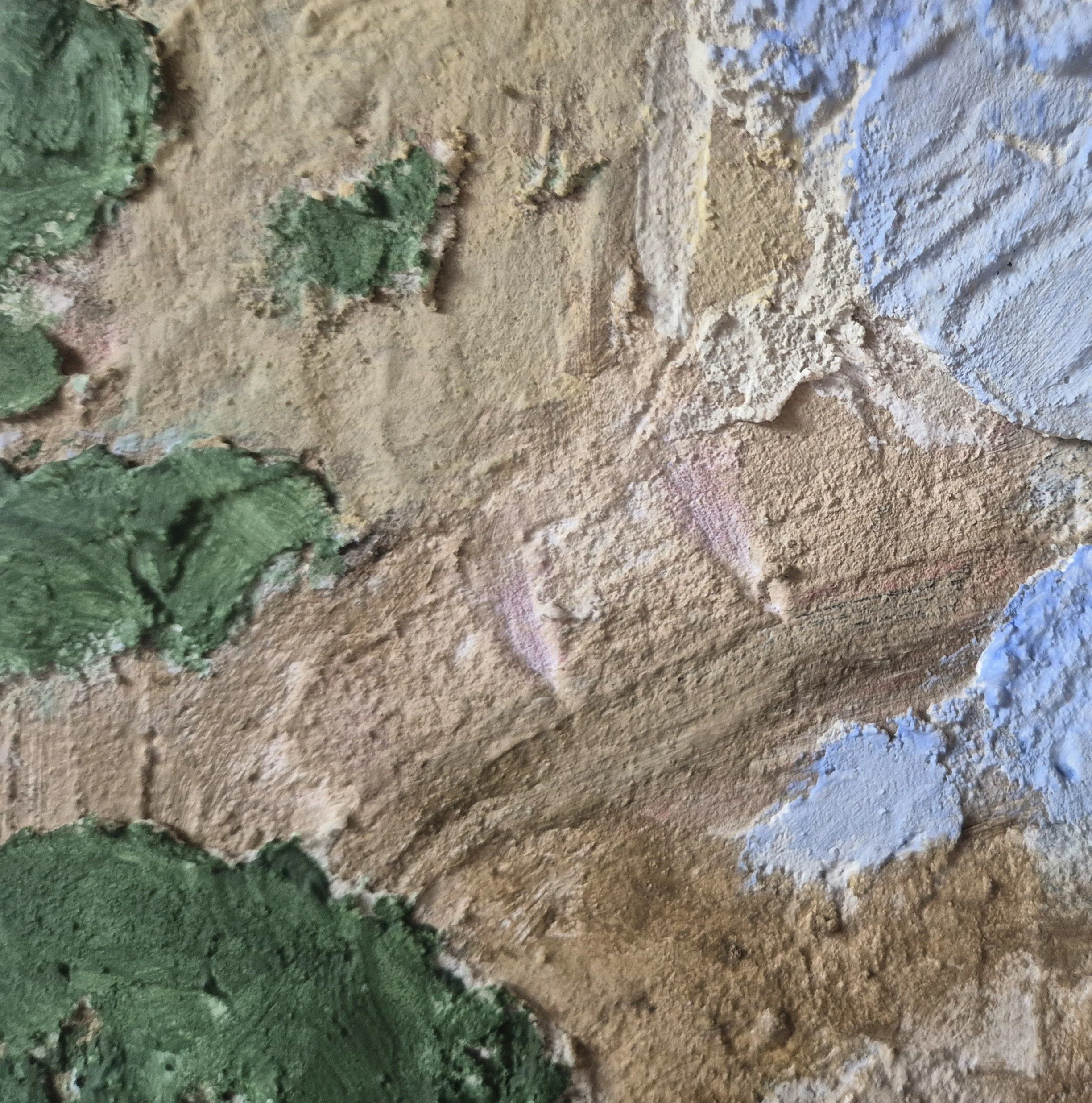 Close-up detail of Retrospective Reflection by Daniela Knobel, highlighting textured layers in earthy browns, soft whites and muted green tones.