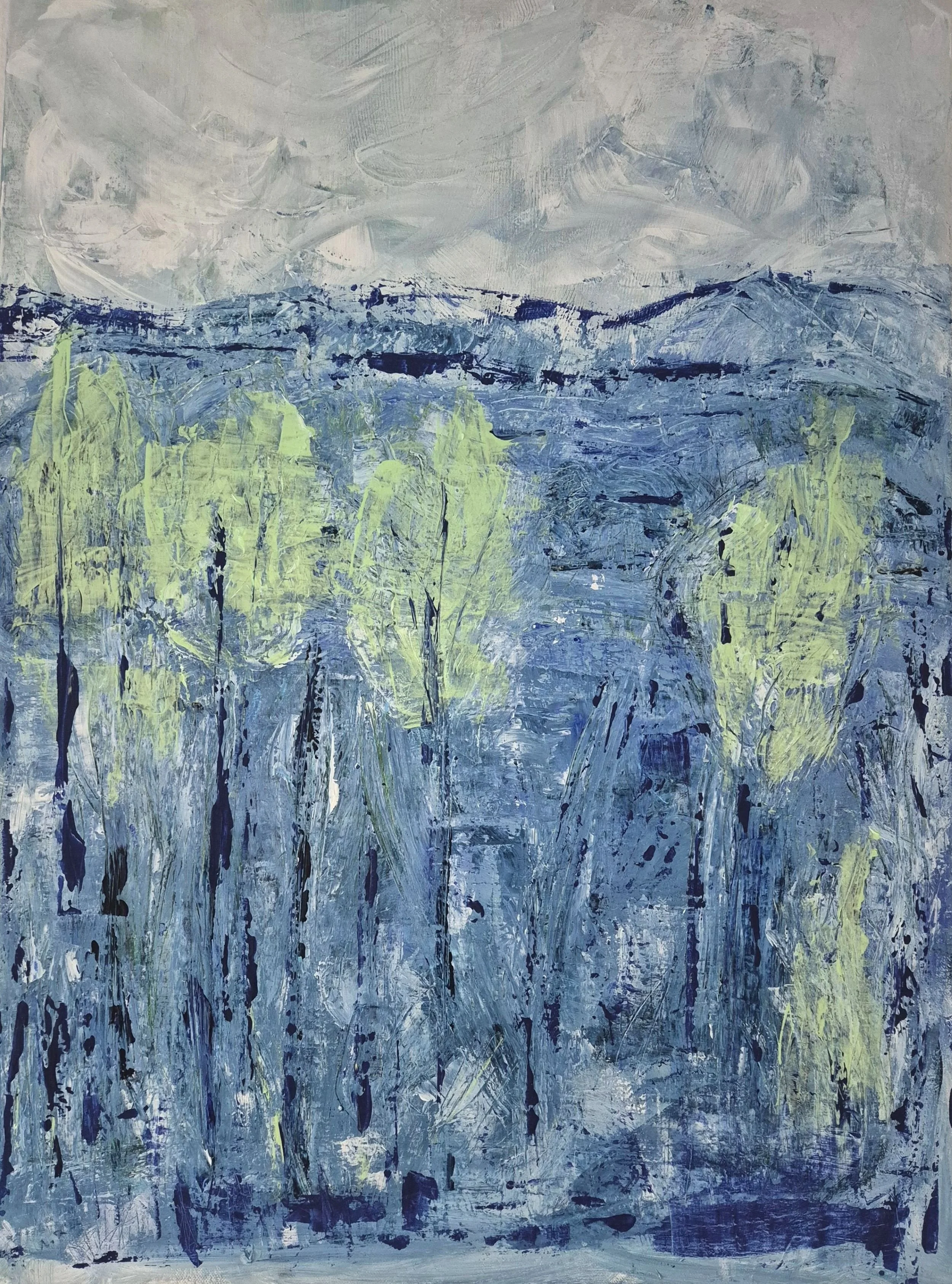 Frontal view of the abstract painting Landscape Study in Blue and Green (2023) by Daniela Knobel, with layered blue tones and vertical green forms suggesting landscape and depth.