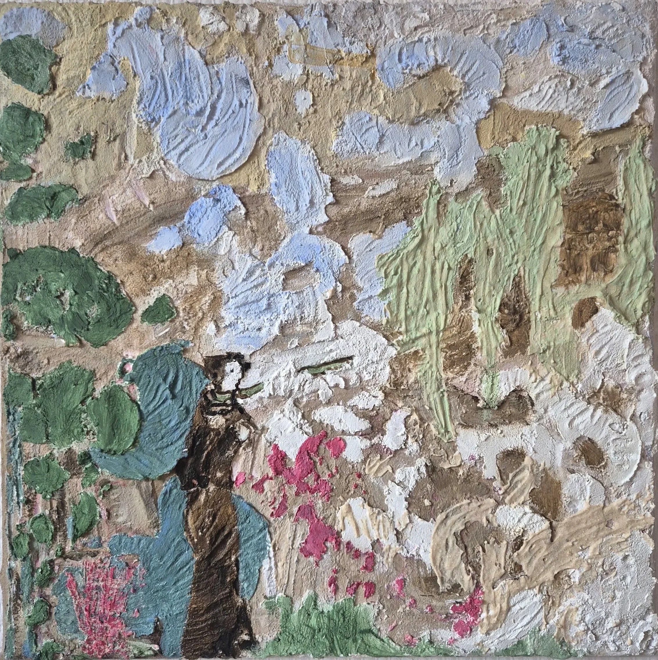 Frontal view of the abstract painting Retrospective Reflection (2025) by Daniela Knobel, showing layered textures and muted earthy and pastel tones.