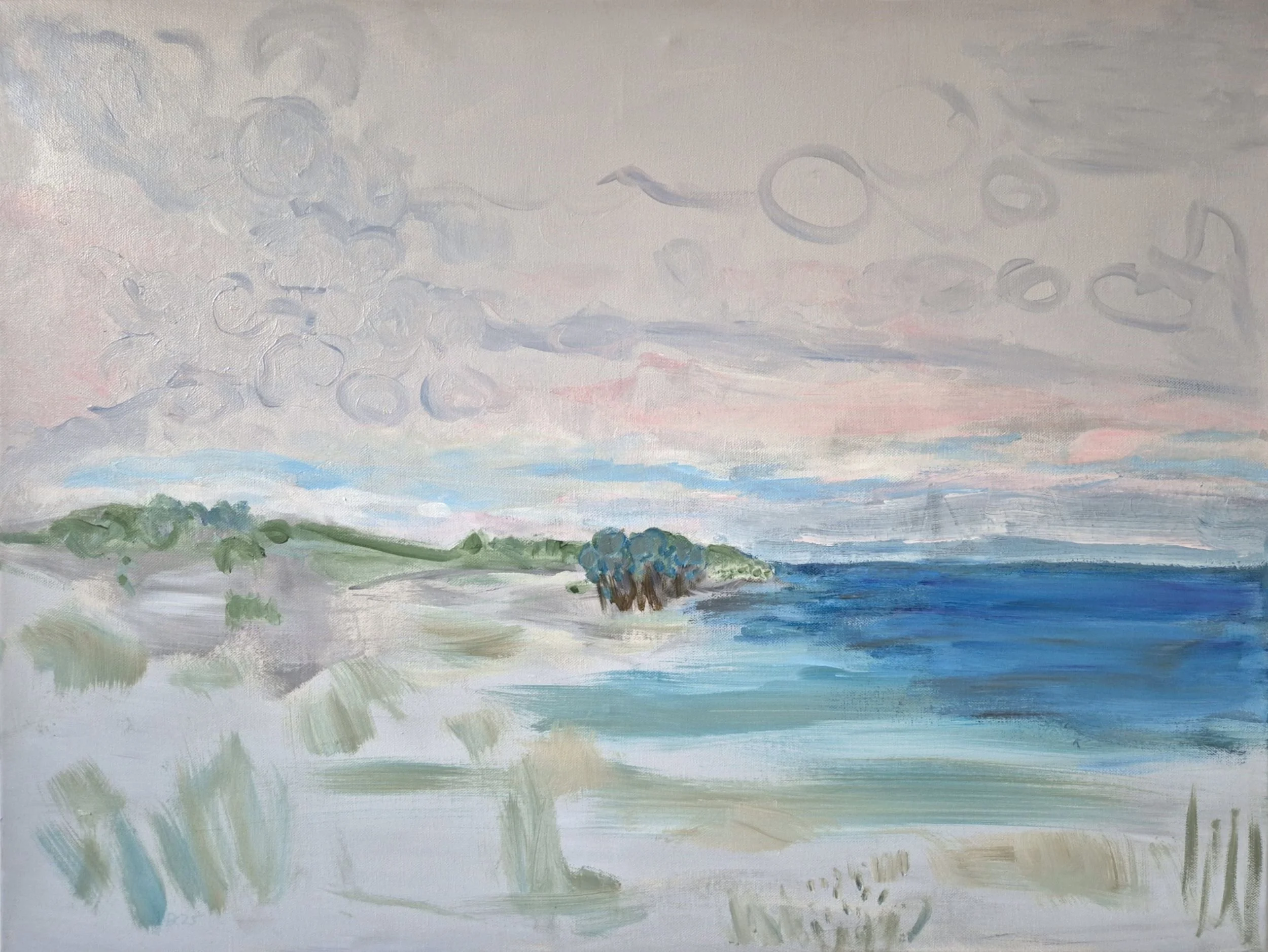 Frontal view of the abstract landscape painting Lowlands – When Land Softens into Water (2025) by Daniela Knobel, showing soft blue and green tones and layered brushstrokes suggesting water and open land.