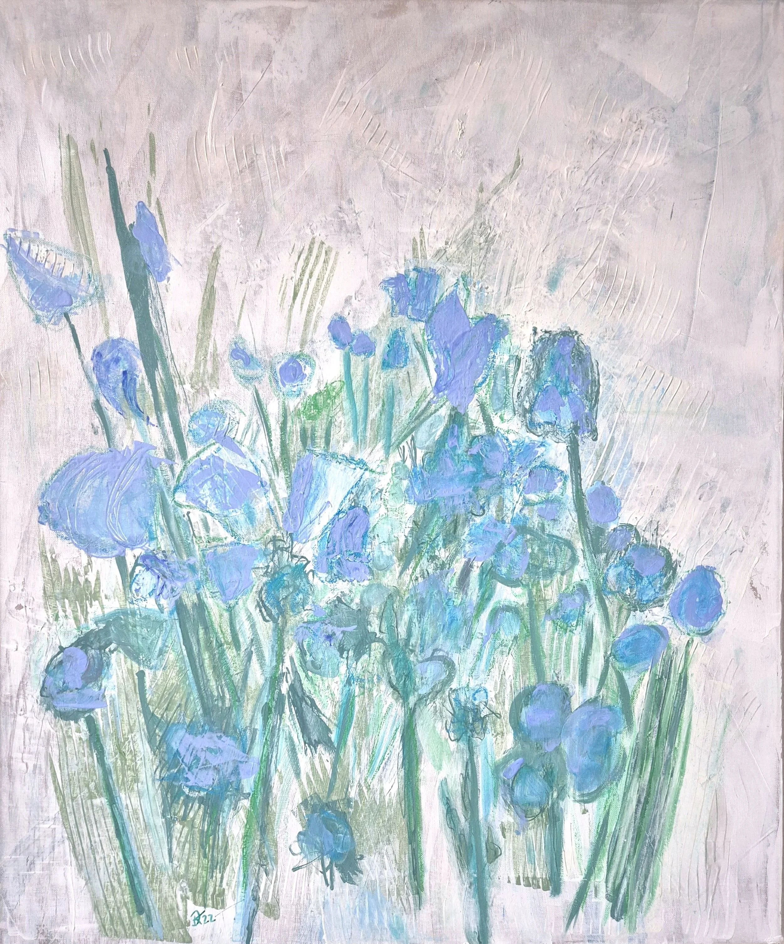 Frontal view of the abstract painting Blue Field Studies I (2022) by Daniela Knobel, featuring layered blue and green floral forms with visible brushstrokes on a light background.
