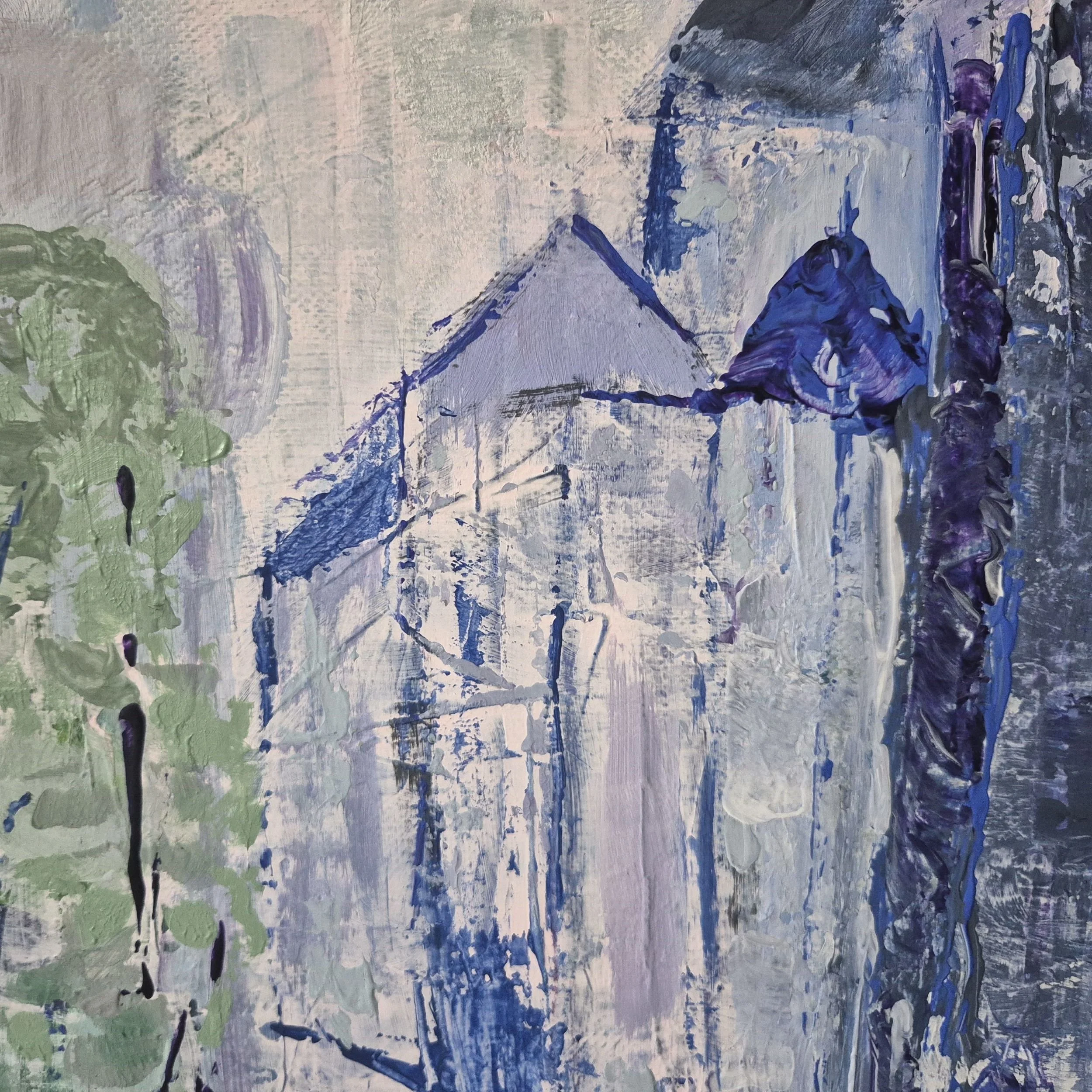 Close-up of textured paint and vertical brushwork suggesting architectural forms in blue and violet.