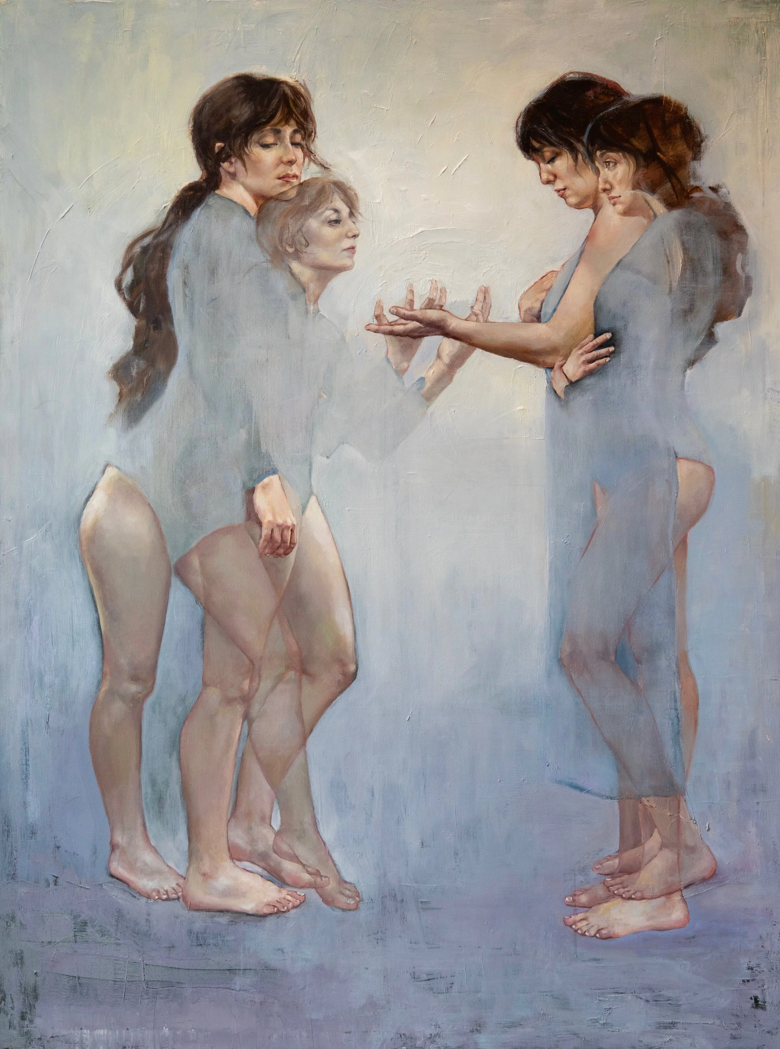 A surreal painting of four women with semi-transparent bodies, standing barefoot on a plain, with a muted, textured background. The women are closely positioned, touching hands and shoulders, appearing to blend into each other.