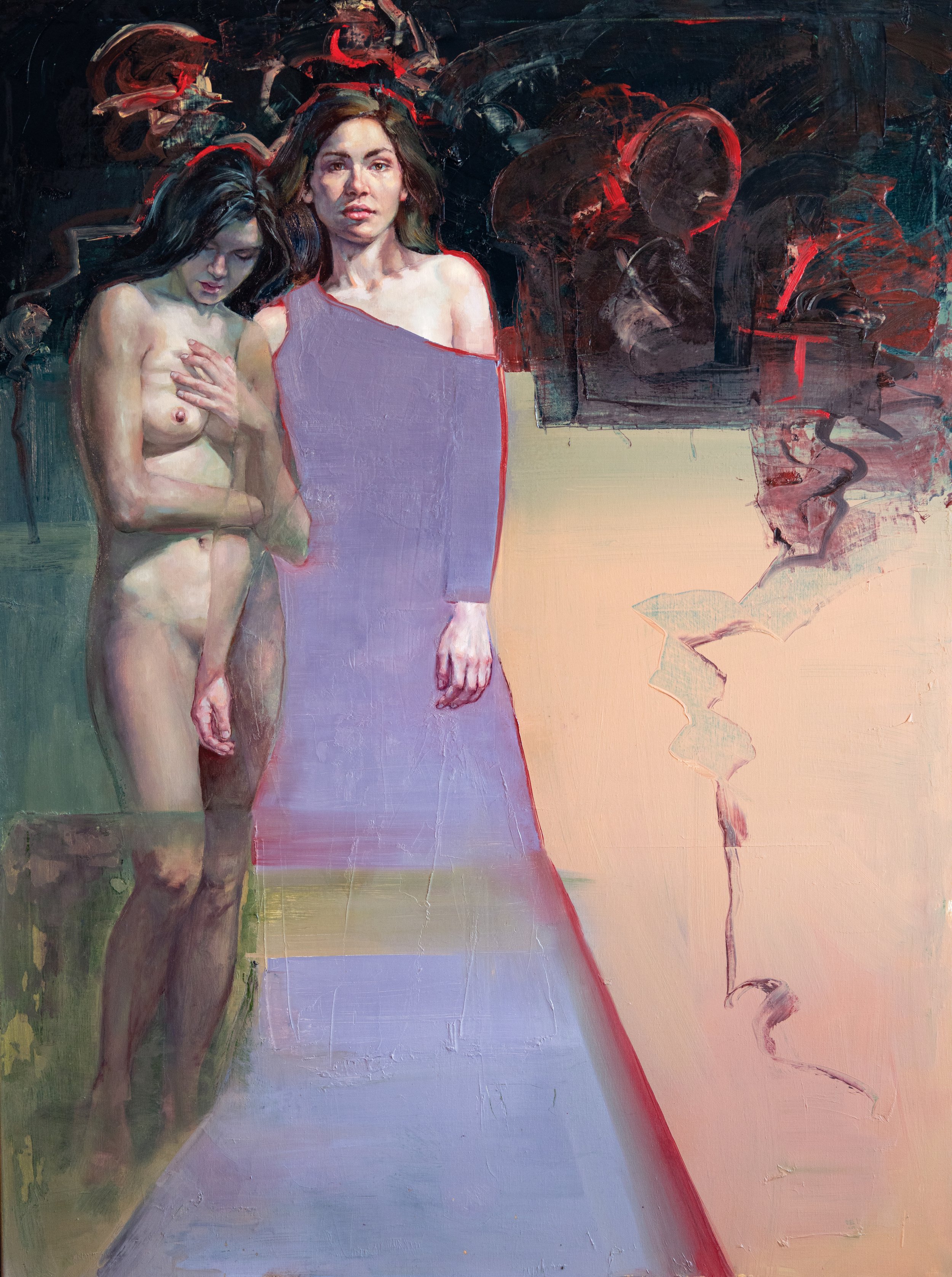 A painting of two women standing side by side. The woman on the left is nude with her hand over her chest, looking down. The woman on the right is dressed in a purple off-the-shoulder dress, gazing forward with a neutral expression. The background features dark and red abstract shapes.