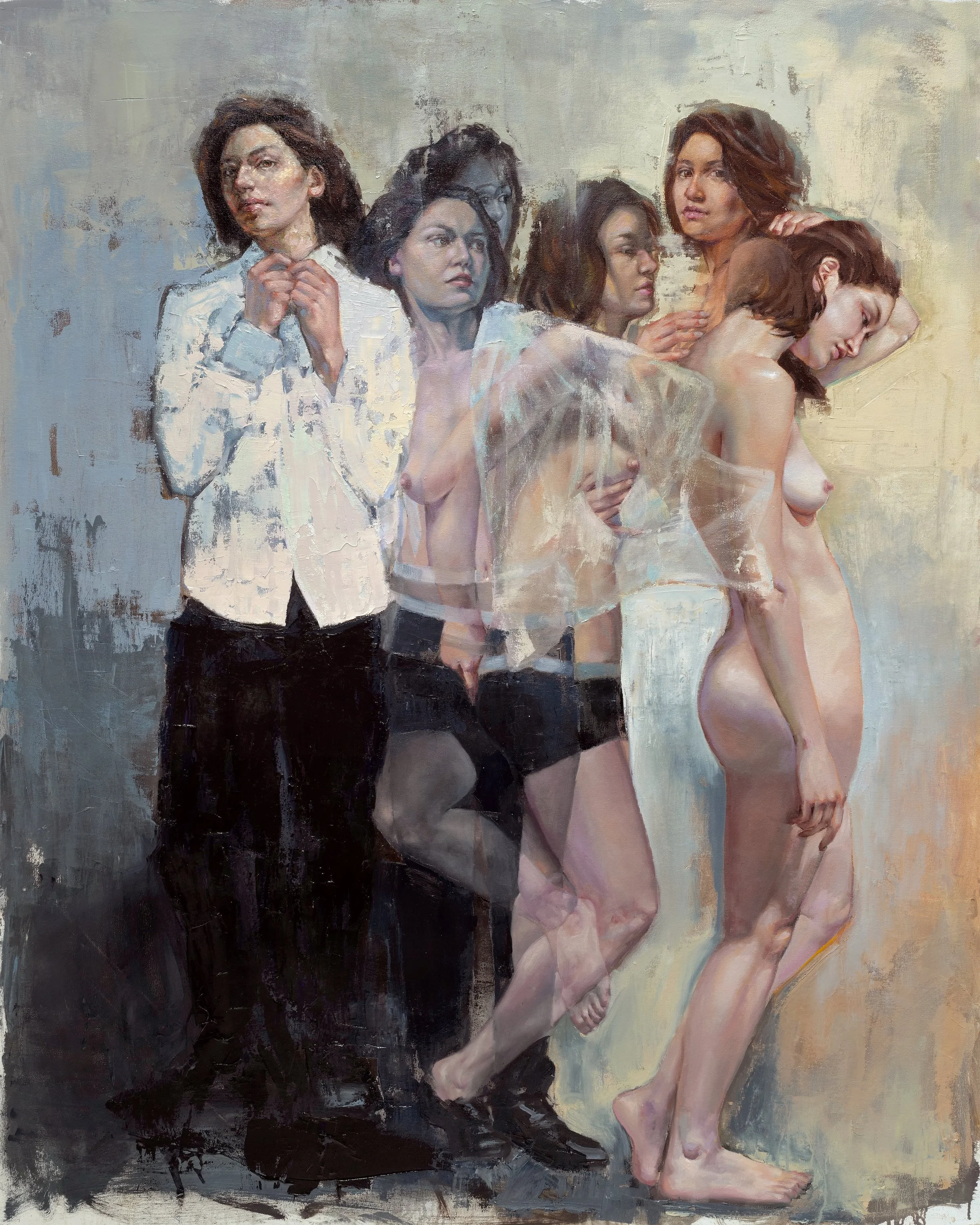 A painting of several women, some topless and some partially dressed, standing against a textured background with a mix of light and dark tones.