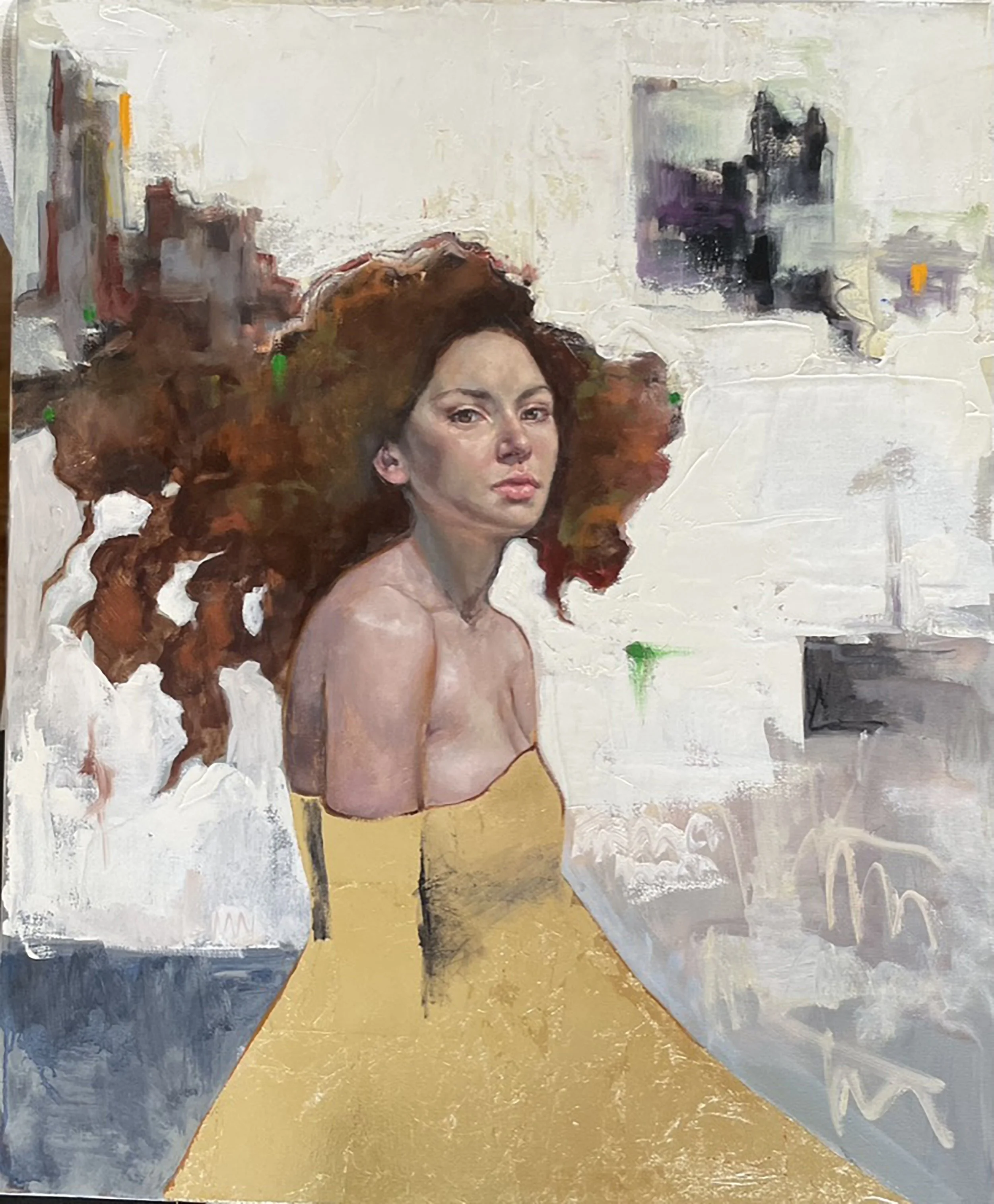 A painting of a woman with long, voluminous brown hair, wearing a yellow strapless dress, standing against an abstract background.