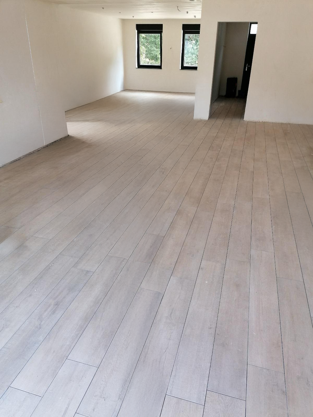 Leeg appartement met houten vloeren en witte muren, twee ramen en een deur die leidt naar een andere kamer.