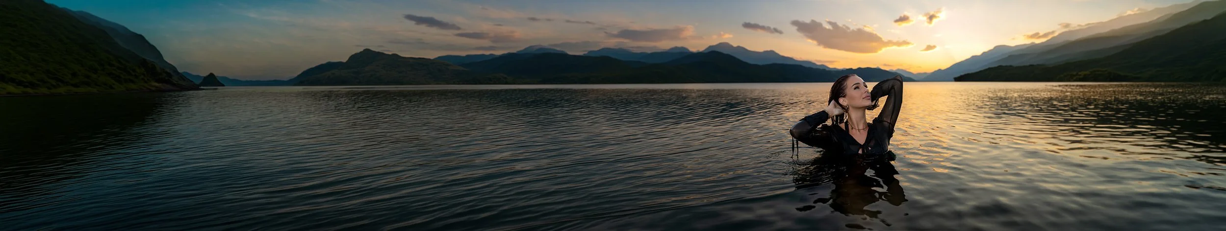 Eine Frau steht im Wasser eines Sees bei Sonnenuntergang mit Bergen im Hintergrund, sie trägt ein schwarzes Kleid und posiert mit hochgelegten Armen. Portrait- und Cinematic-Fotografie von Lux Capere