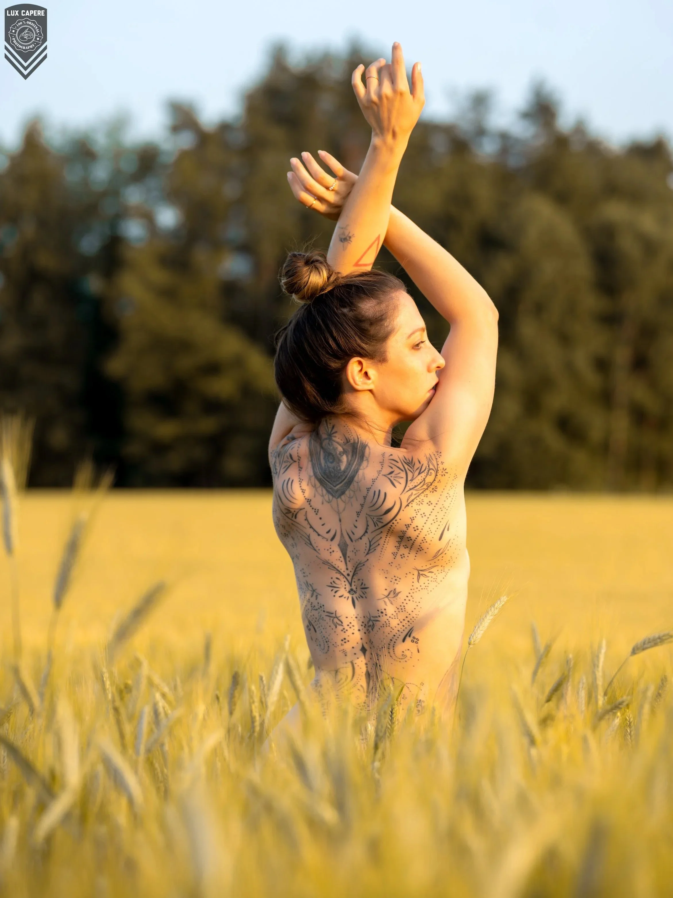 Eine brünette Frau mit Tattoos auf den Armen und dem Rücken steht barfuß in einem goldgelben Getreidefeld bei Sonnenuntergang, hebt die Arme hoch und hält eine Hand in die Luft. Portrait- und Cinematic-Fotografie von Lux Capere