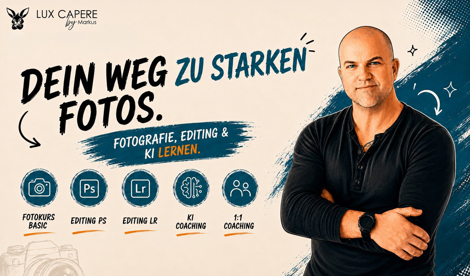 Werbung für Fotografie-Workshop mit Titel „Dein Weg zu starken Fotos“, inklusive Bilder von Kamera, Software-Icons und einem Mann mit verschränkten Armen, auf blau-weißem Hintergrund. Portrait- und Cinematic-Fotografie von Lux Capere