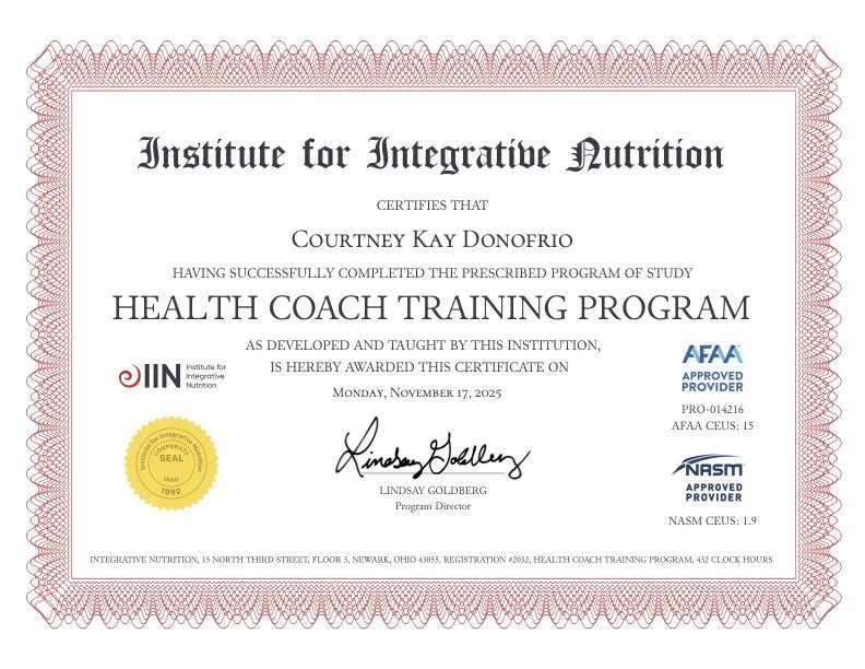 Certificate from the Institute for Integrative Nutrition awarded to Courtney Kay Donofrio for completing the Health Coach Training Program, dated November 17, 2025, signed by Lindsay Goldberg, with seals and certification logos.