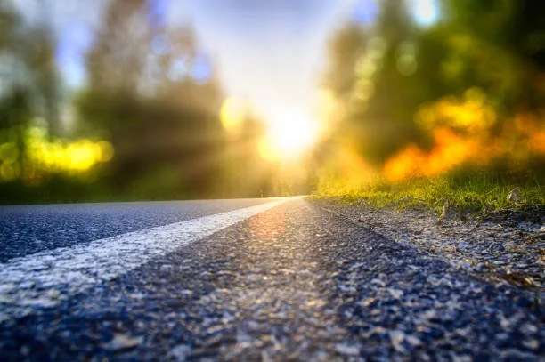Low-angle view of a paved road with a white dividing line, leading toward a bright sunset or sunrise, with trees and fall foliage on both sides.