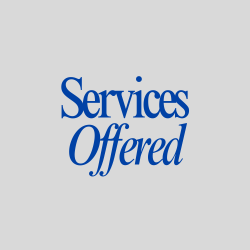 Text reading 'Services Offered' in blue on a gray background.