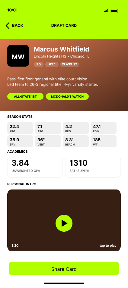 Mobile screenshot of a basketball draft card for Marcus Whitfield with stats and information including height, class, and achievements, featuring bright green accents for navigation and share options.