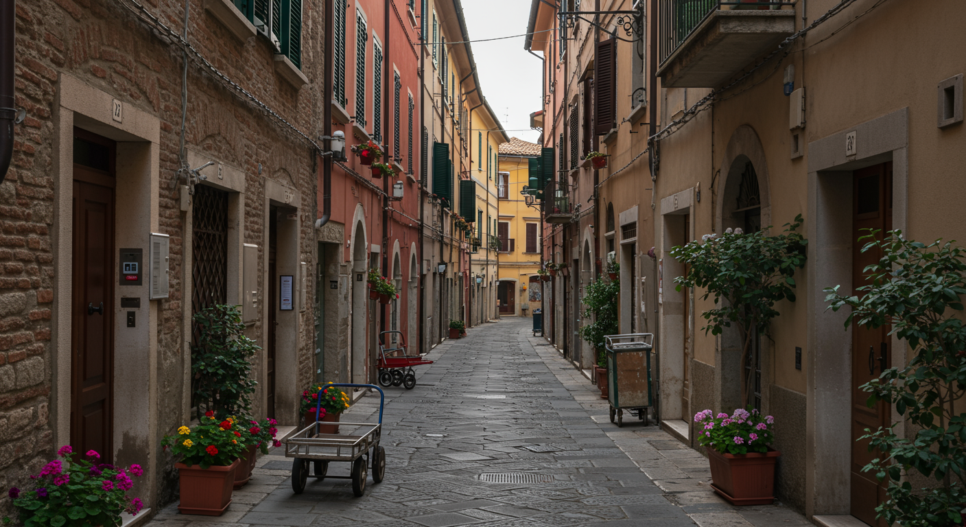 A narrow cobblestone alleyway lined with colorful Italian-style buildings, potted flowers, and small carts.