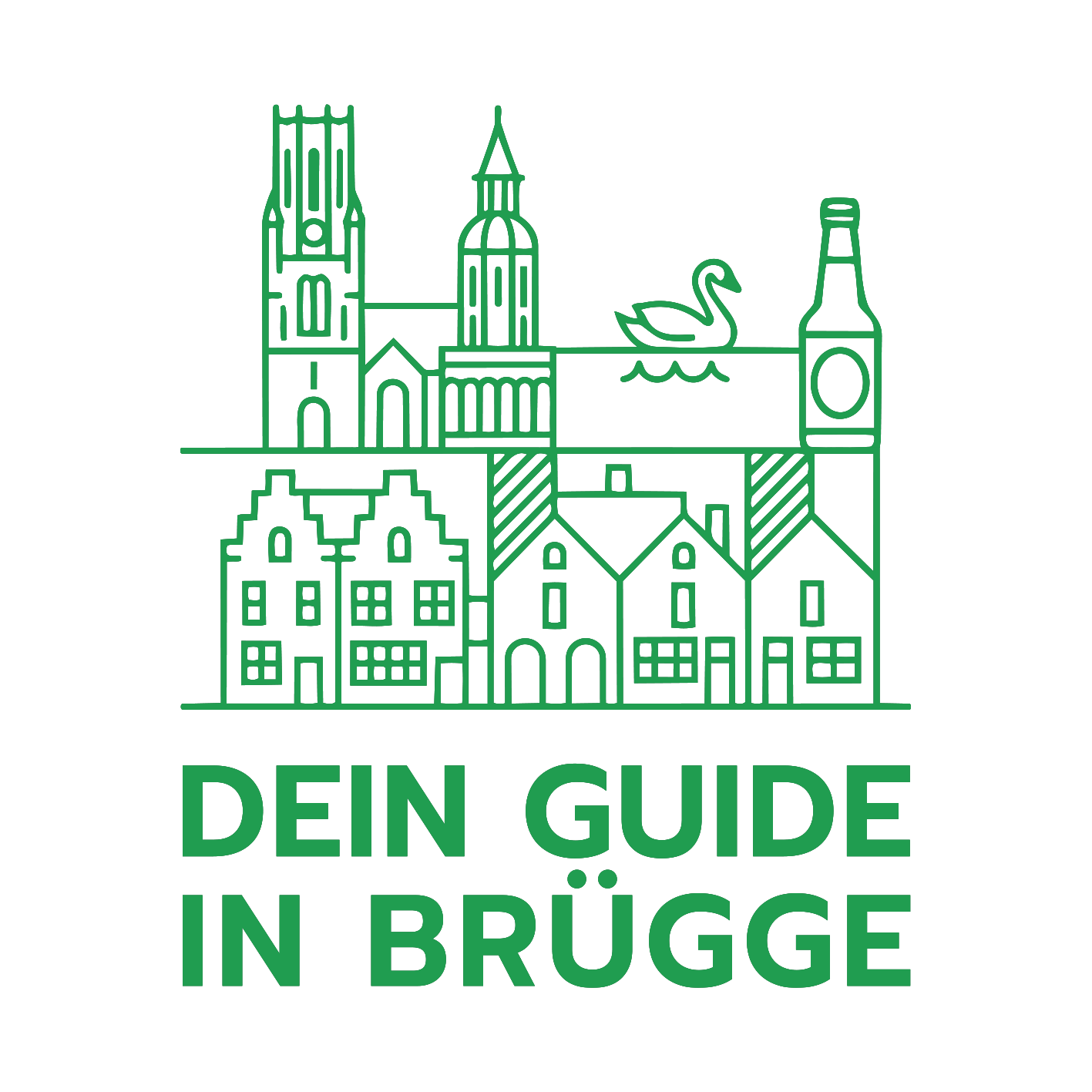 Green line drawing of notable buildings and landmarks in Brugge, Belgium, including Belfry Tower, Basilica of the Holy Blood, and houses, with a swan on water and a beer bottle, accompanied by the German text 'Dein Guide in Brügge' in bold letters.