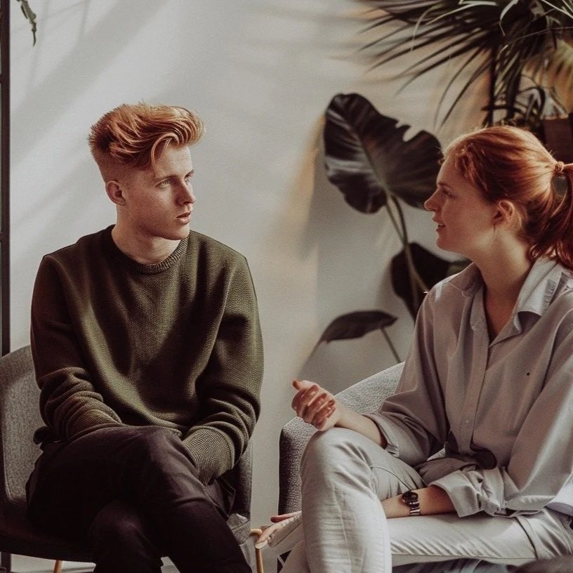 Ein junger Mann und eine junge Frau sitzen nebeneinander und unterhalten sich