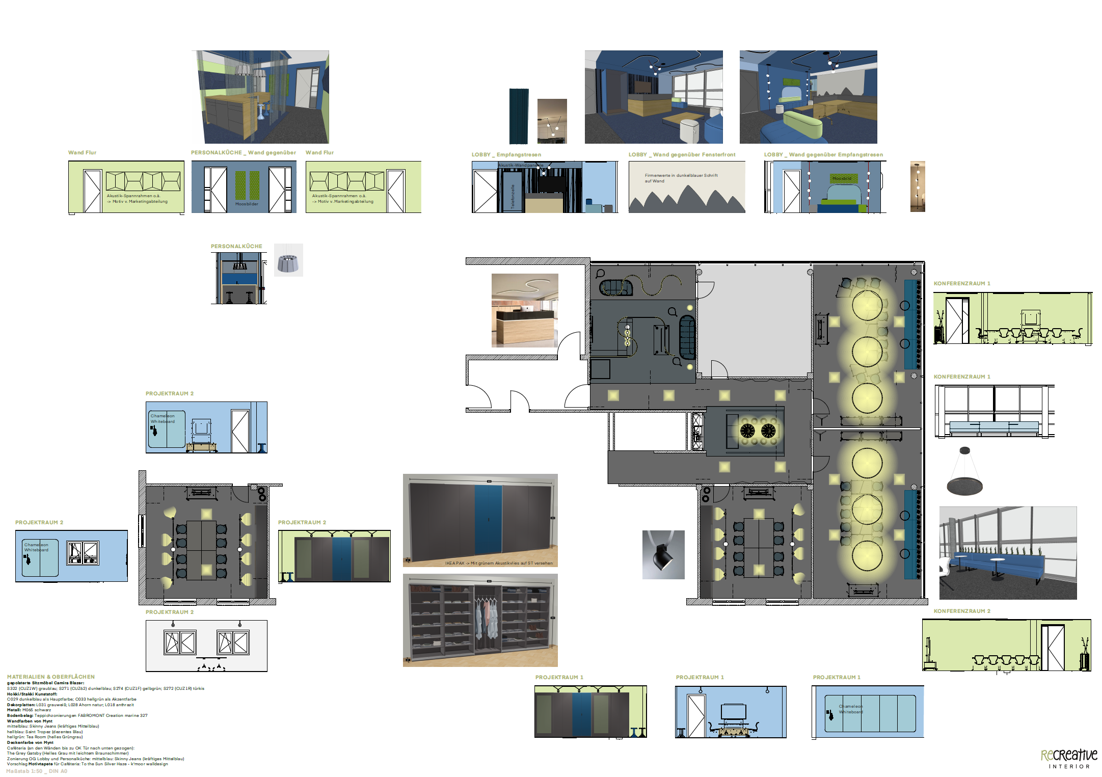 Grundriss und Ansichten OG - Konferenz- und Projekträume, Personalküche