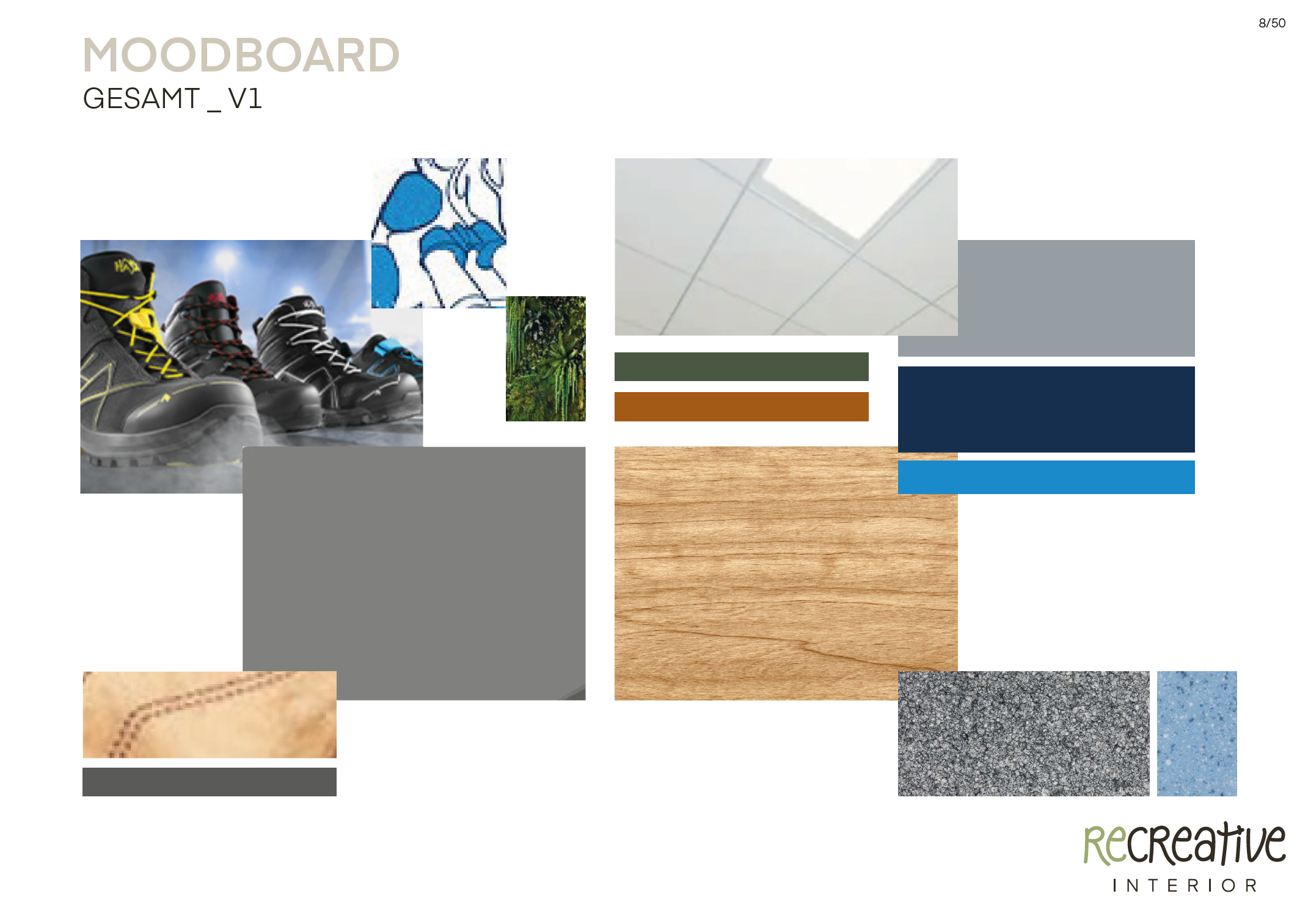 Präsentationsfolie mit Materialien und Stimmungen, die im Projekt verwendet werden sollten.