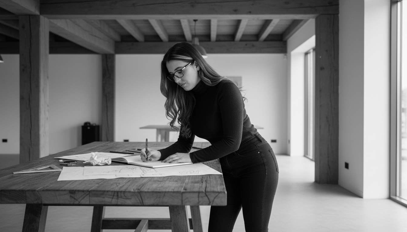 Nathalia drawing at a large wooden table