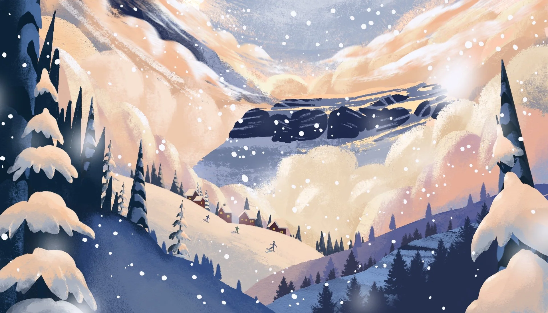 Painted illustration of a snowy mountain village at sunset