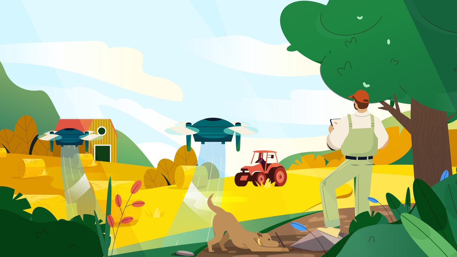 Vector illustration of a farmer watching drones over a field