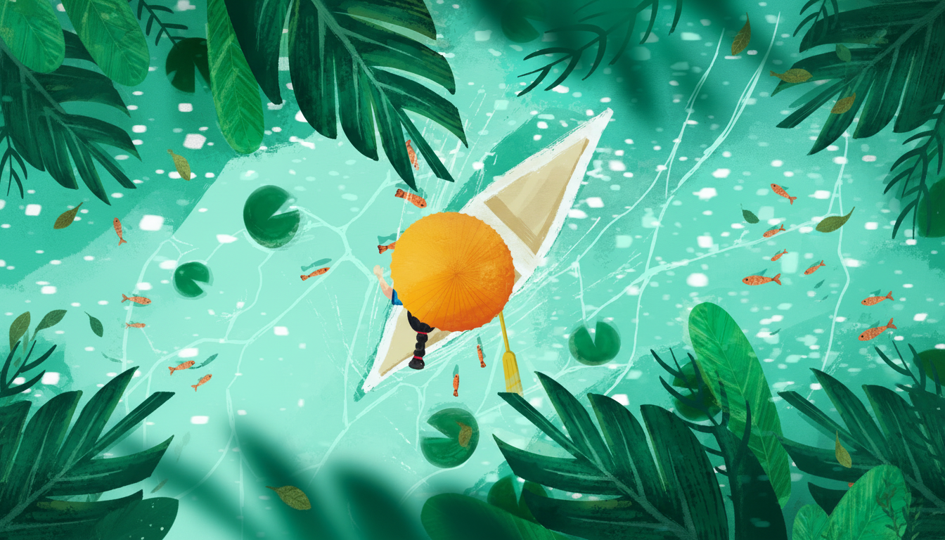Hand-drawn illustration of an orange paper boat on a green pond