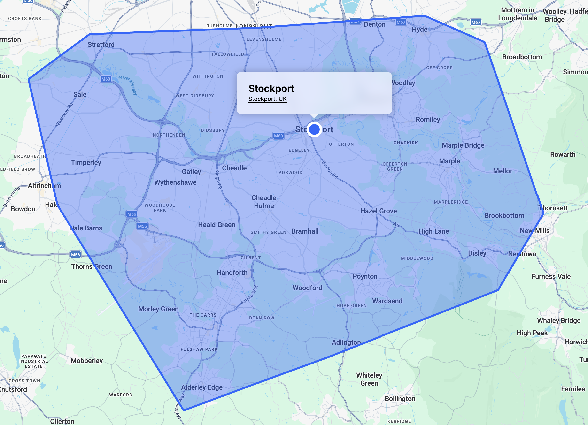 A map of Stockport and the surrounding areas.