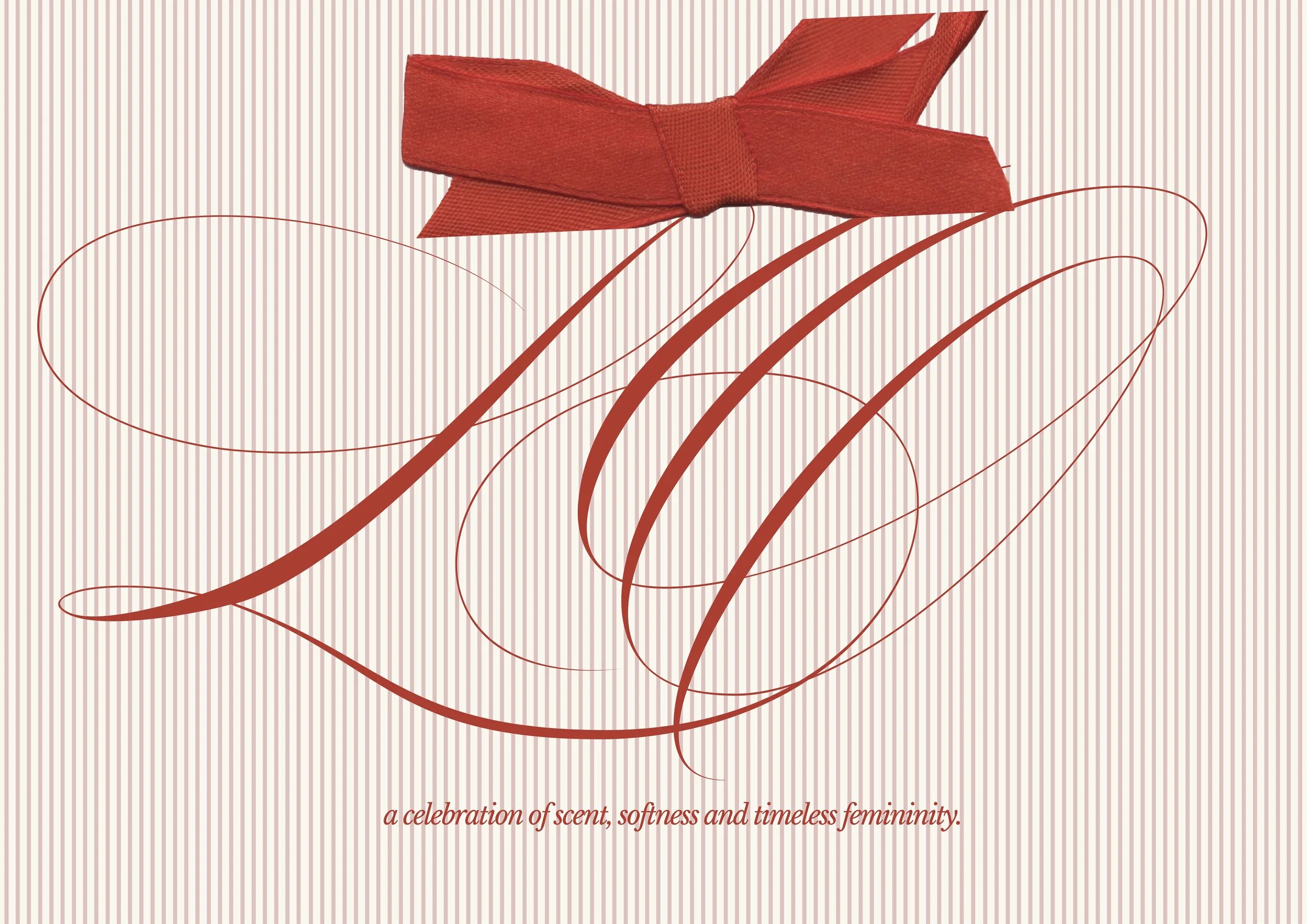 A gift box with a red ribbon and bow, over a background with elegant cursive text that reads "a celebration of scent, softness and timeless femininity."