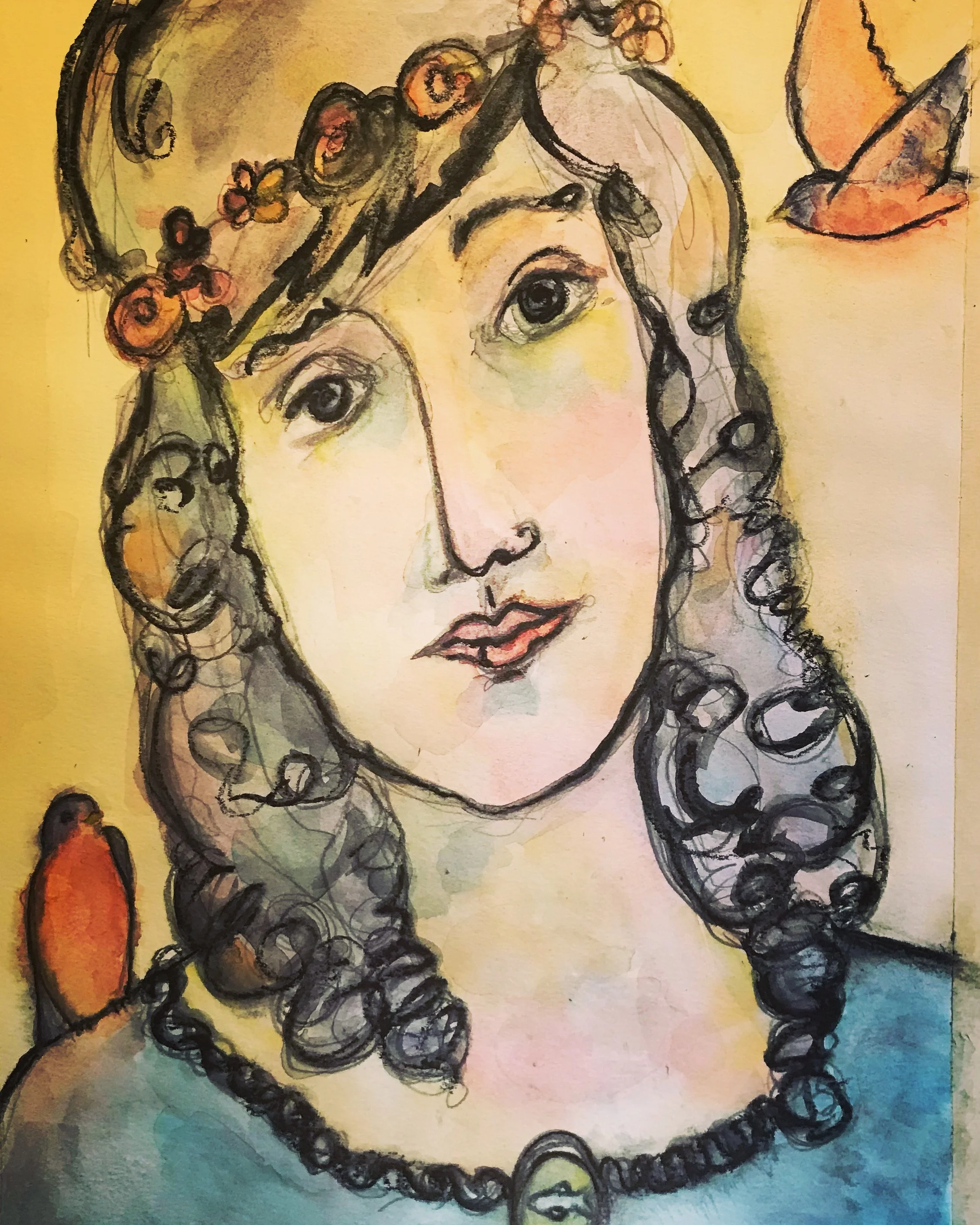 Bluebirds. charcoal and watercolor on paper. 8x10 $500