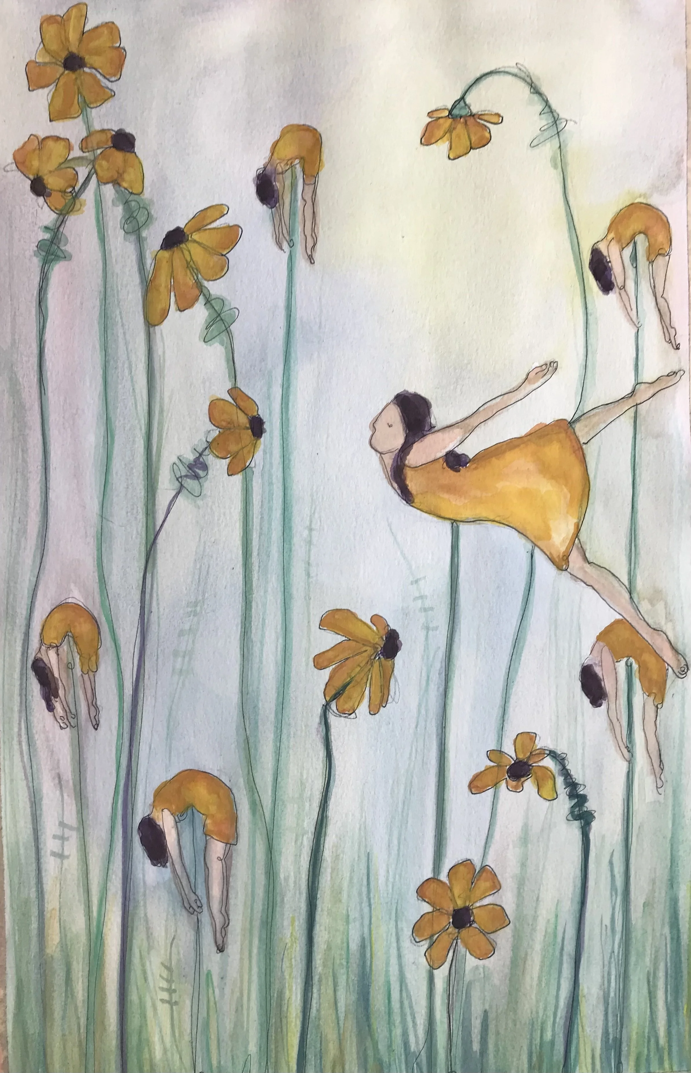  brown eyed susan charcoal and watercolor on paper. private collection