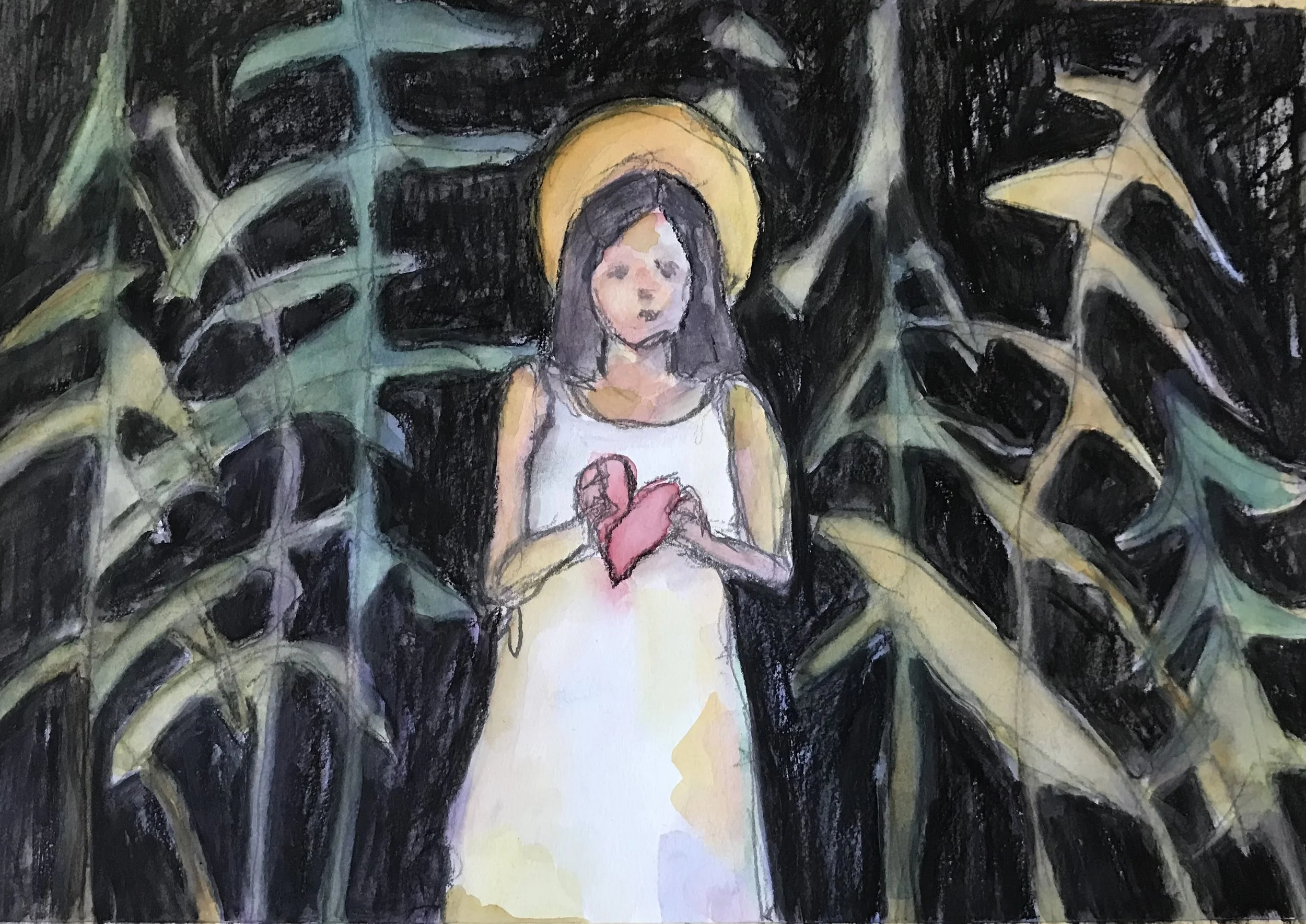 i carry your heart in my heart. charcoal and watercolor on paper. private collection.