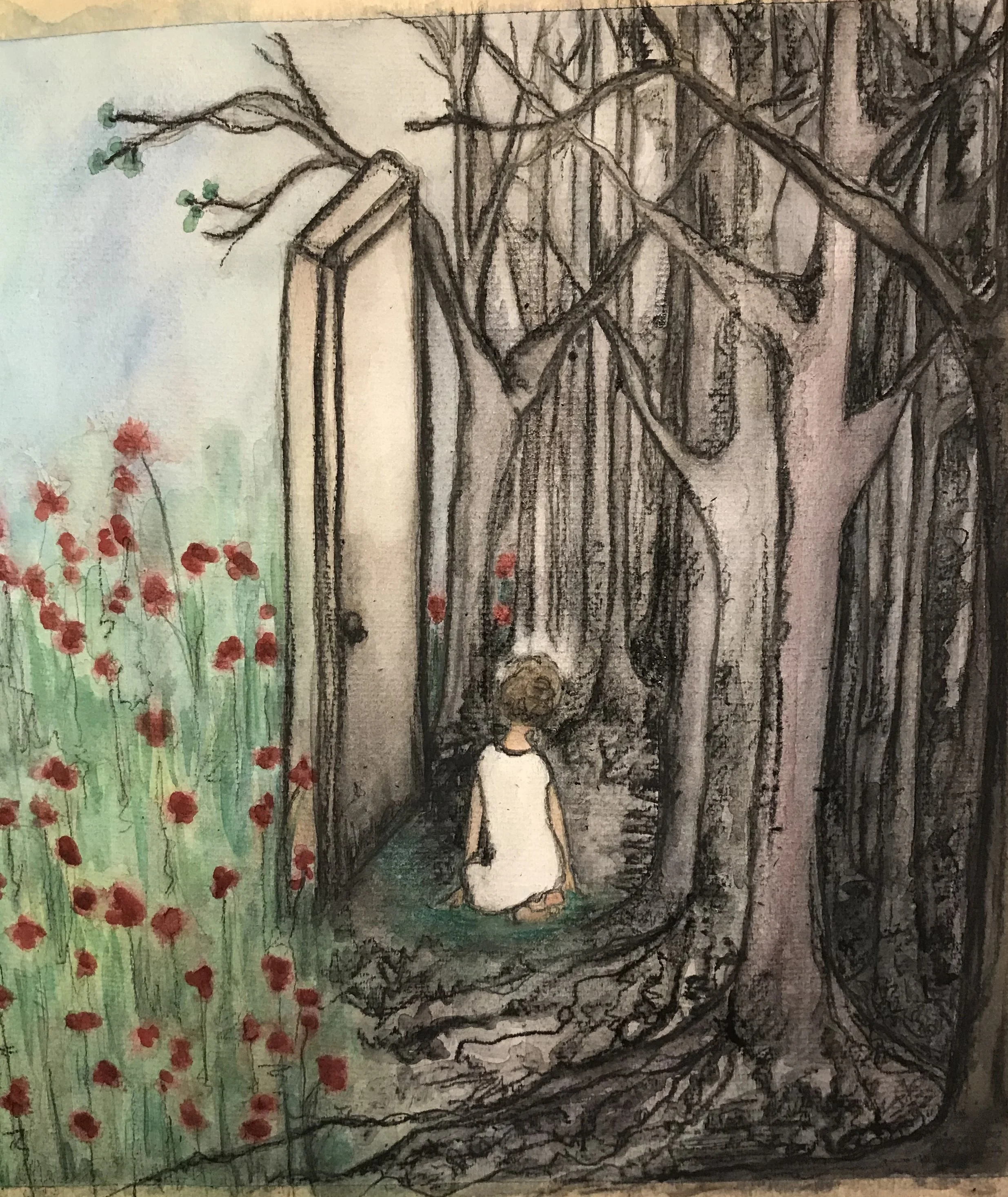 why do you stay in prison when the door is wide open~ rumi Self Love. charcoal and watercolor on paper. 8 x10 . $250