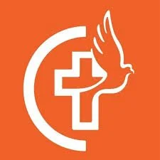 A white dove flying in front of a red background with a white cross and a partial circle.