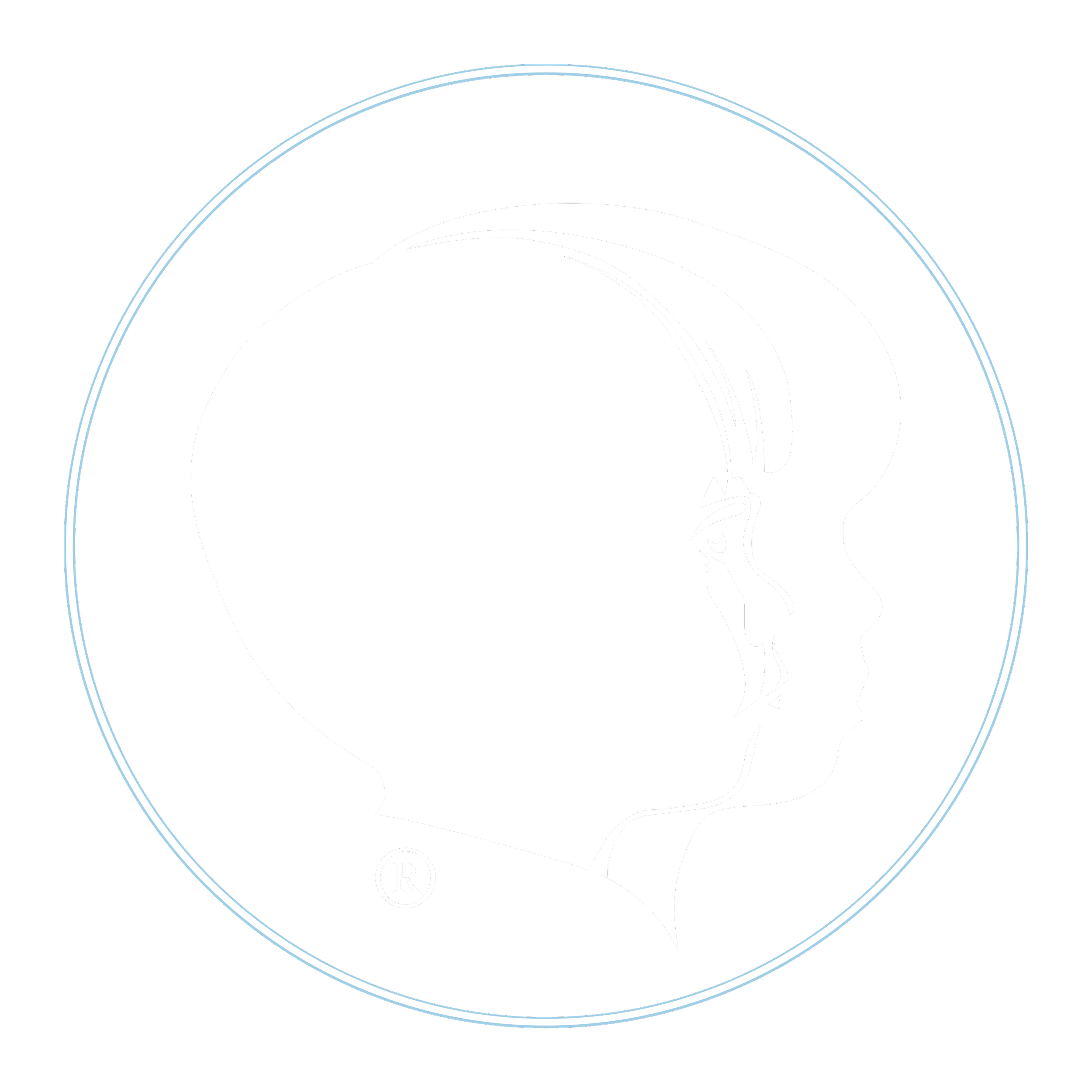 Graphic of a human head in profile, with an lightning bolt style over the face, enclosed in a circle outline, on a black background.