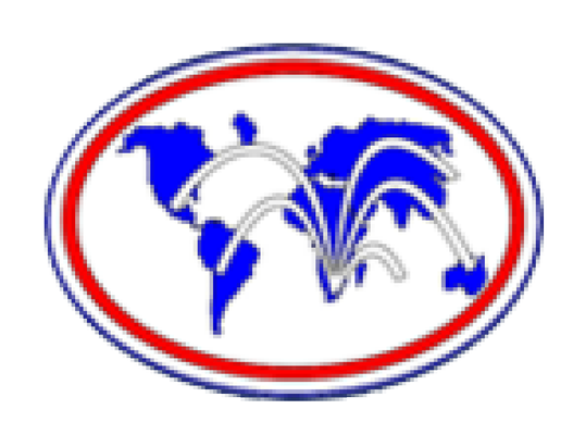 Logo with a blue world map and white planes flying over continents inside an oval red and blue border.