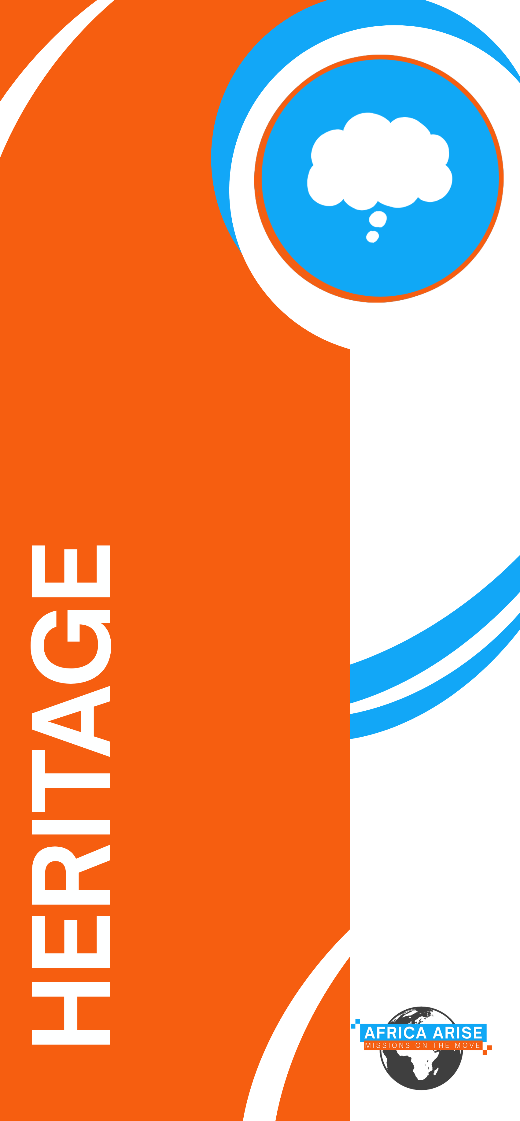 Design featuring large orange and white sections, a blue circular icon with a cloud inside, and the text 'Helping Africa' with a logo of a globe and the words 'Africa Rise Missions on the Move'.