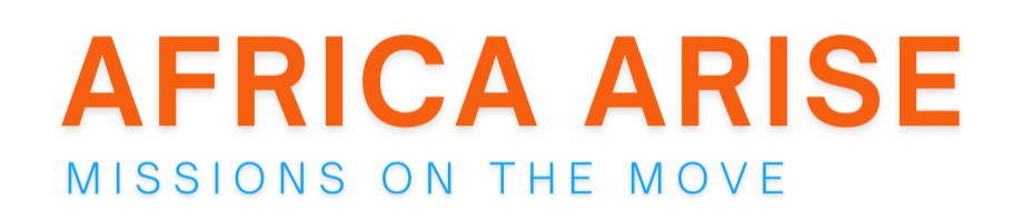 Text saying 'Africa Arise' in bold orange letters and 'Missions on the Move' in smaller blue letters.