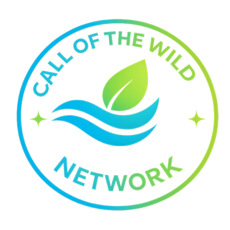 A circular logo with the text "Call of the Wild Network." The logo features two blue waves, a green leaf, and stars in the design.