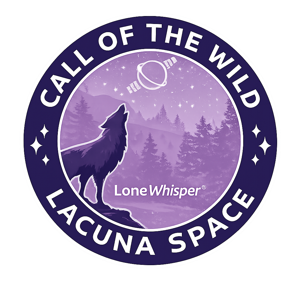A badge with a purple background featuring a wolf howling at a starry night sky, with a planet and spaceship overhead, and trees in the background. The badge reads 'Call of the Wild, Lacuna Space, Lone Whisper'.