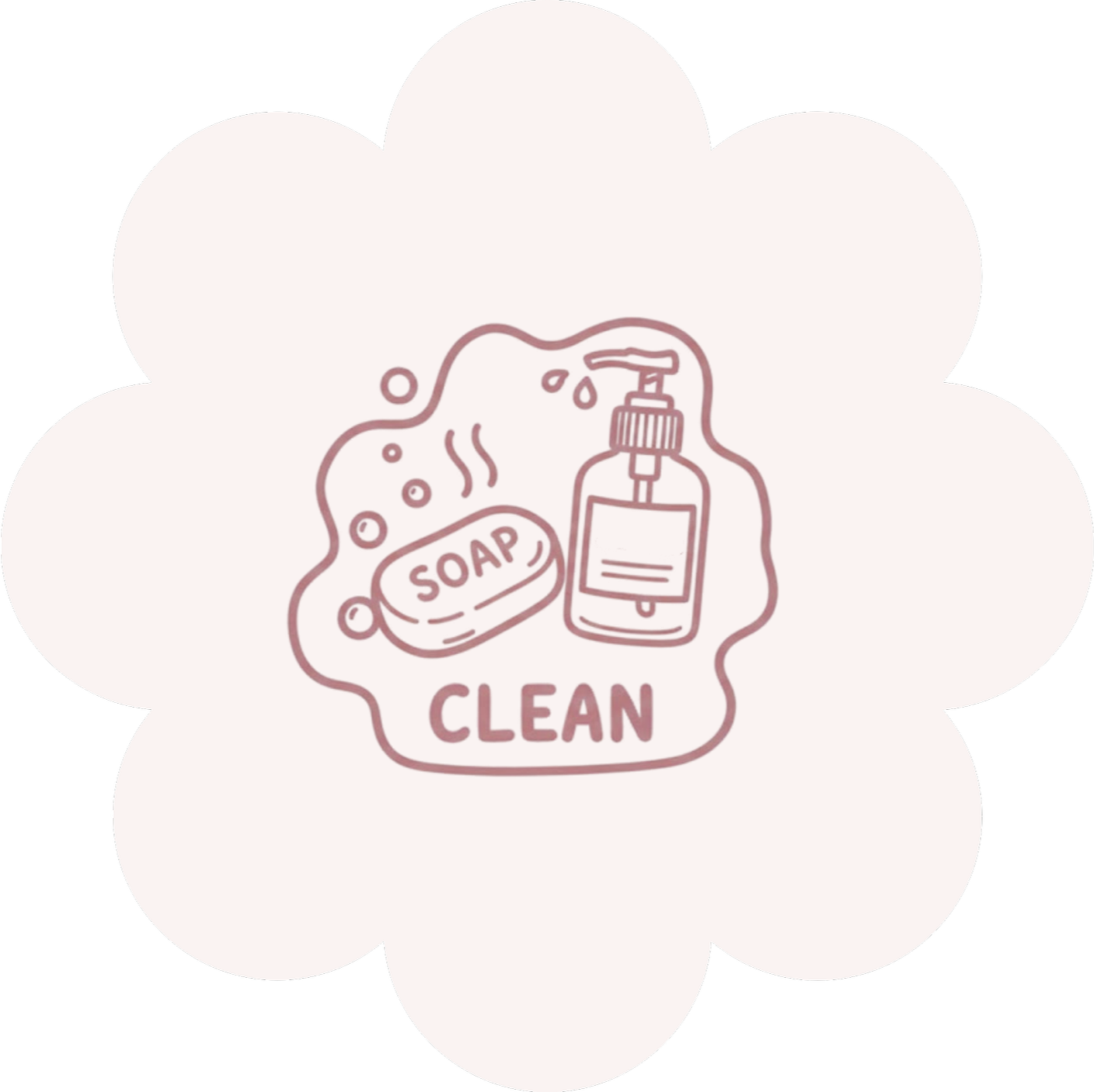 Illustration of soap and hand sanitizer with bubbles, labeled 'Soap' and 'Clean' for hand hygiene.