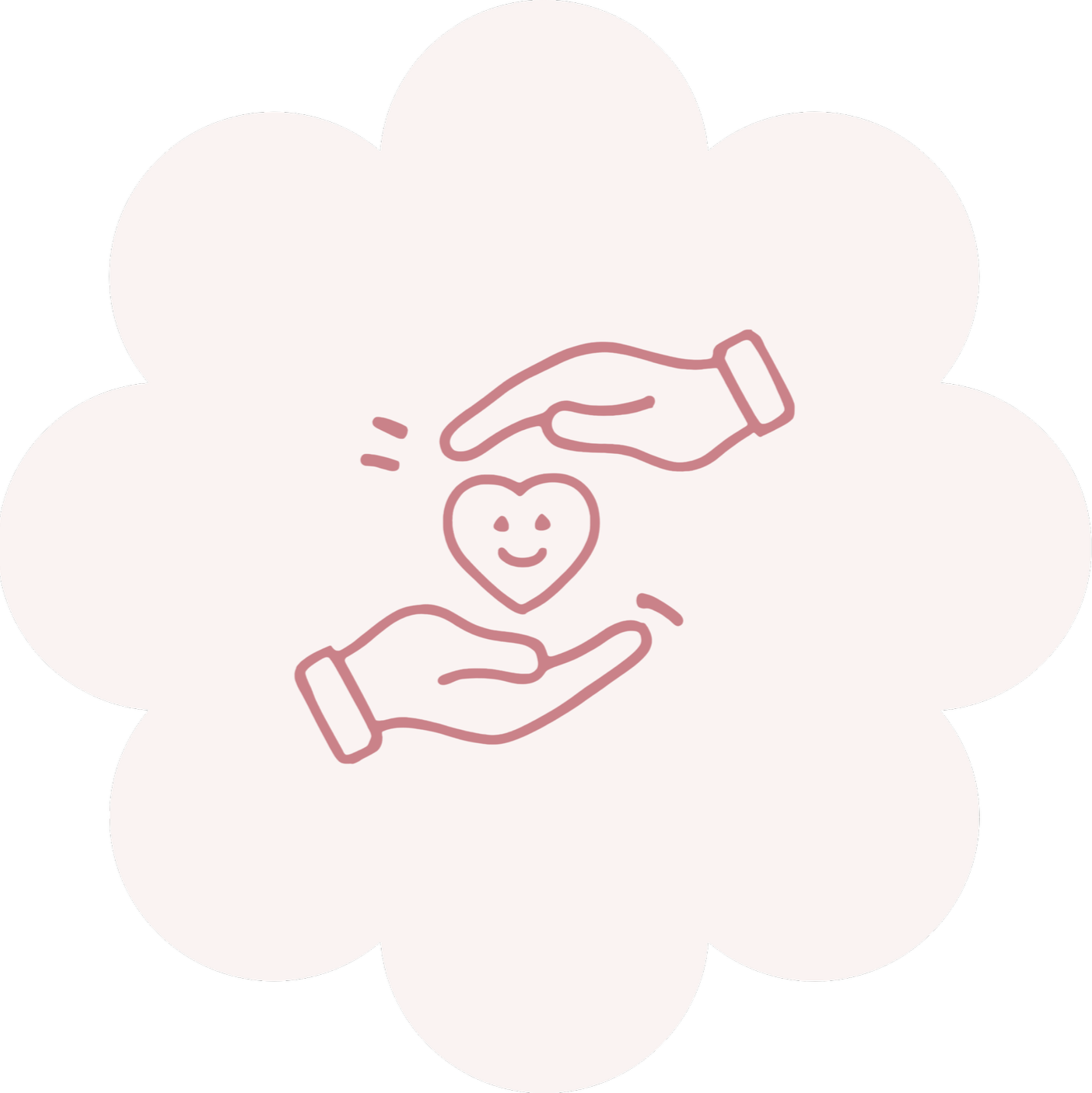 Illustration of two hands surrounding a smiling heart, symbolizing care and kindness.