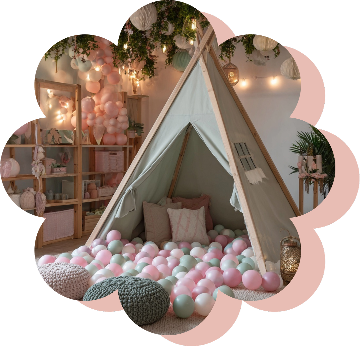 Decorative indoor space with a beige teepee filled with pink and white balls, cushions inside, surrounded by poufs, string lights, balloons, and hanging paper lanterns, creating a cozy, pastel-themed ambiance.