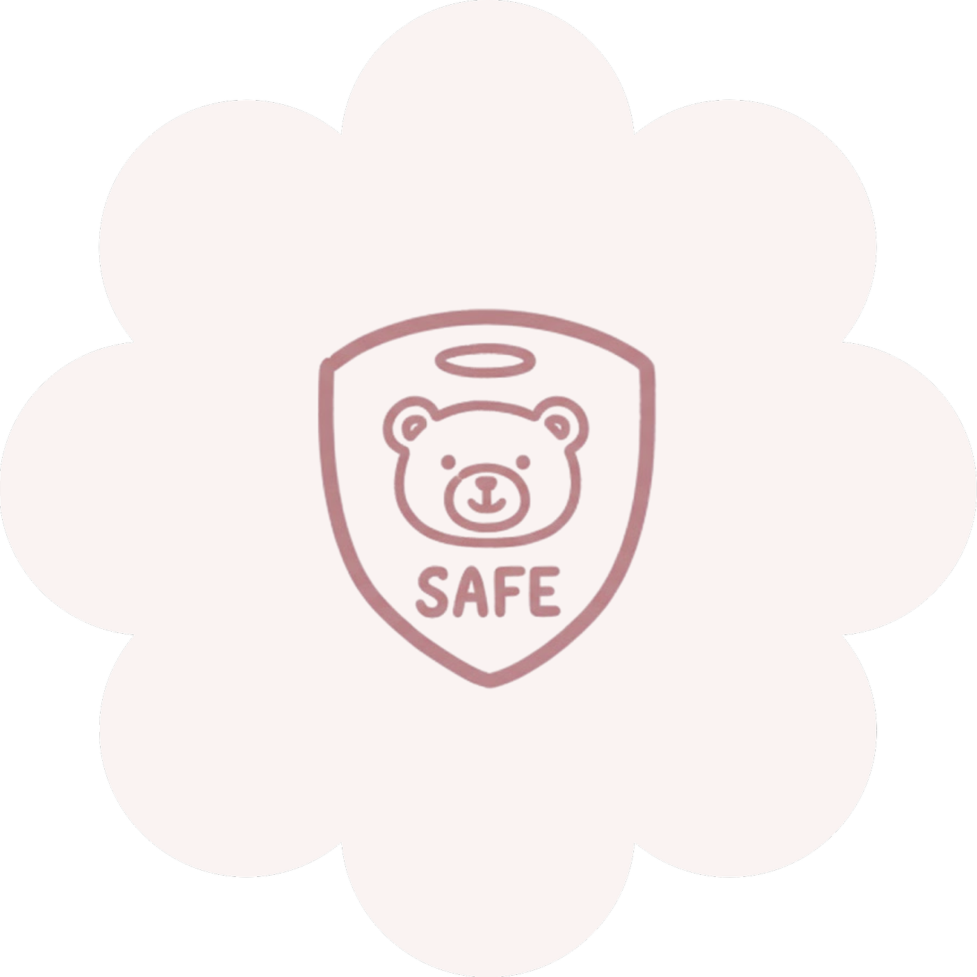 A white flower-shaped badge with a cartoon bear face, a halo, and the word "SAFE" underneath.